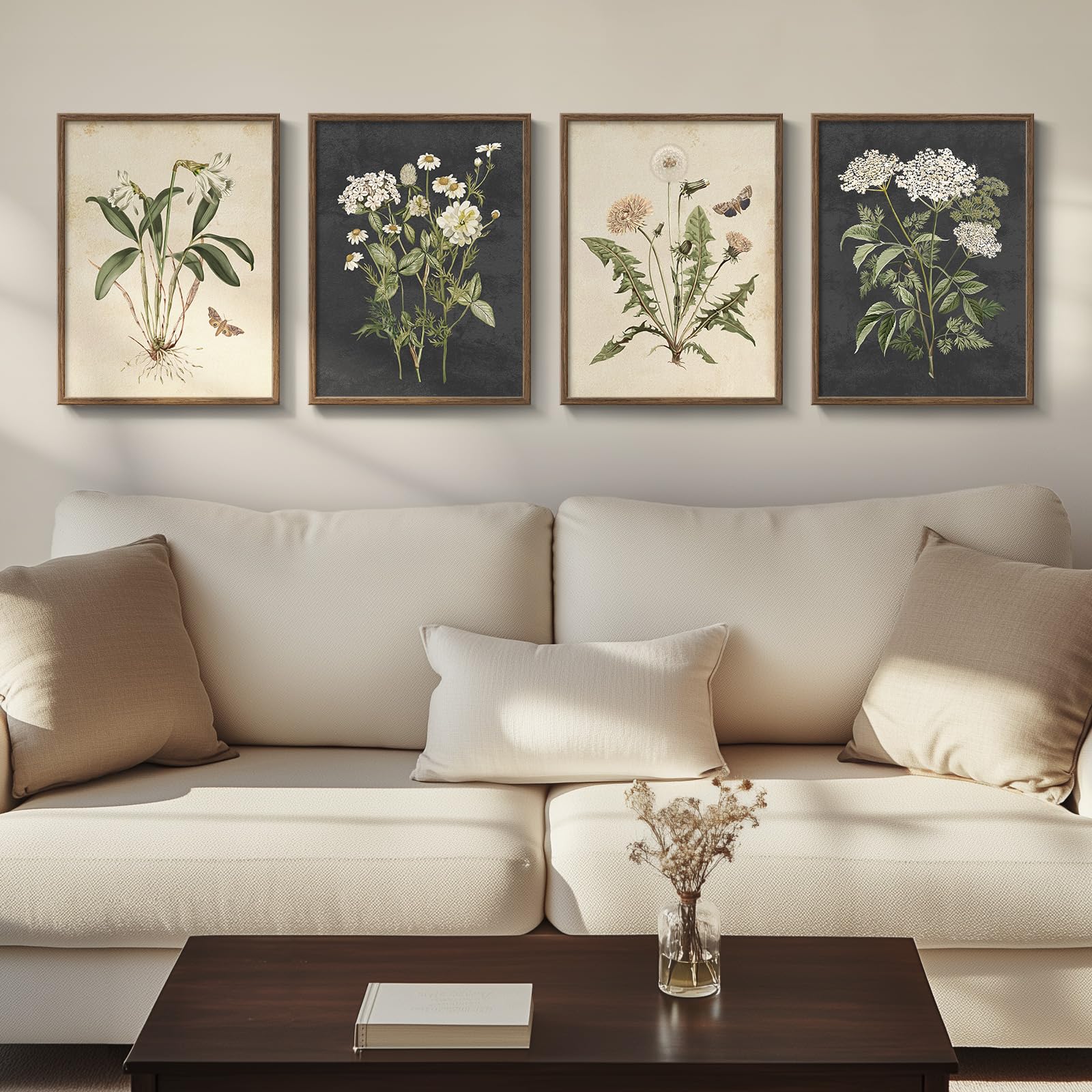 Framed Botanical Wall Art For Living Room, 4 Piece Rustic Floral Canvas Paintings Prints Artwork For Walls, Vintage Flower Butte