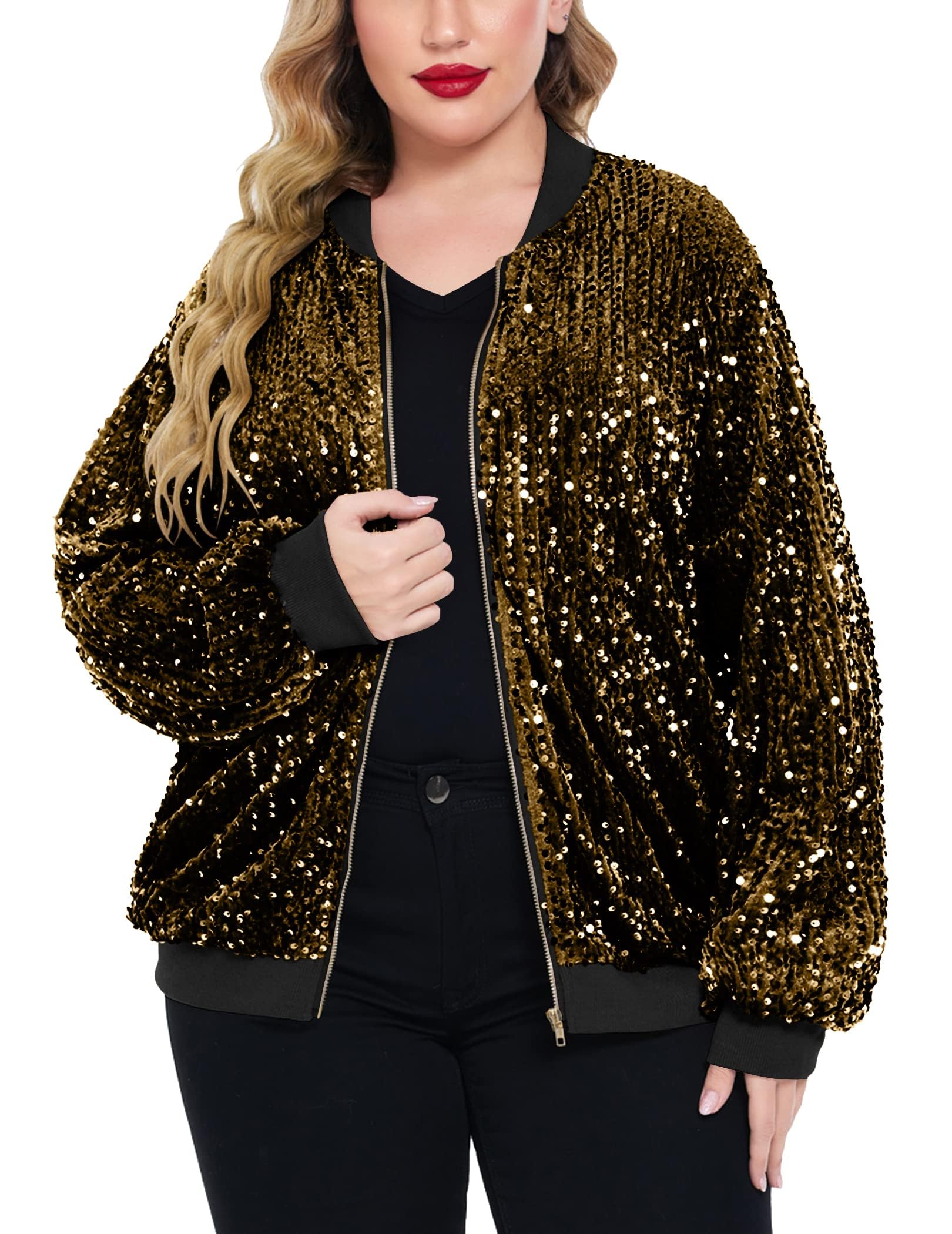 Involand Womens Sequin Jacket Plus Size Sparkle Long Sleeve Jackets Front Zip Loose Casual Blazer Bomber Jacket With Pockets