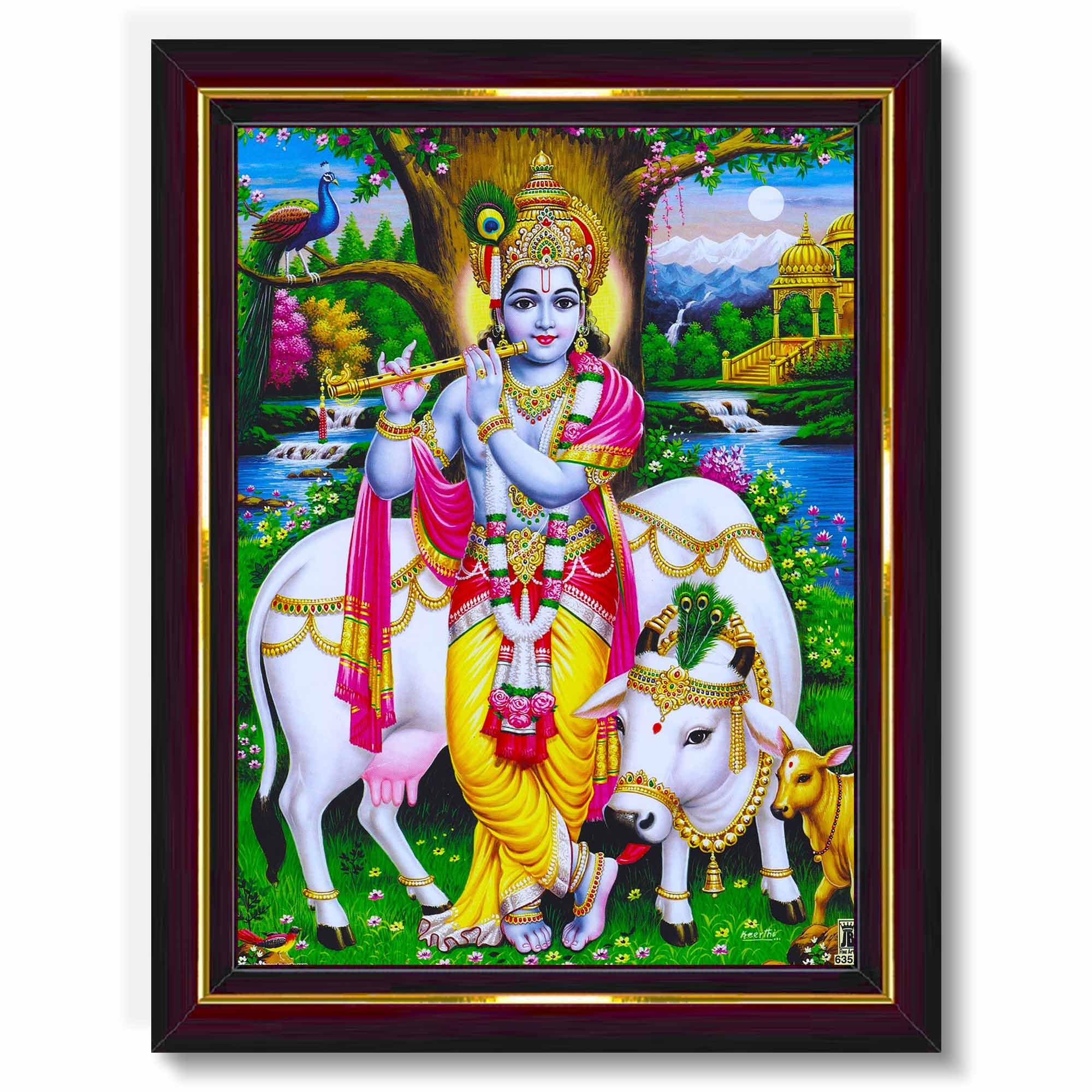 Pavan Photo Laminations Lord Gopala Krishna Murali Gopal Cow Calf Wall Painting Framed Home Decor (Wood,Matte,Brown,Small Size,6
