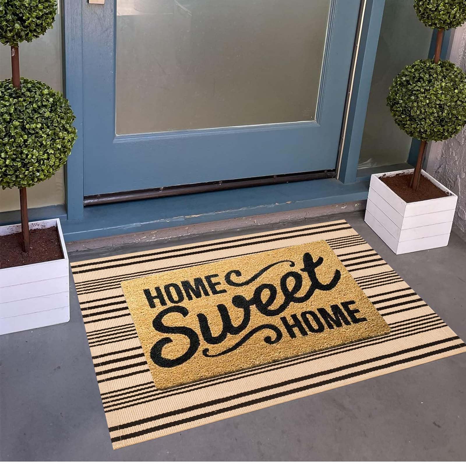 BUAGETUP Blue and White Layered Doormat,27.5x43.3inch Striped Outdoor Rug Hand Woven Cotton Indoor Outdoor Rug for Porch Layered