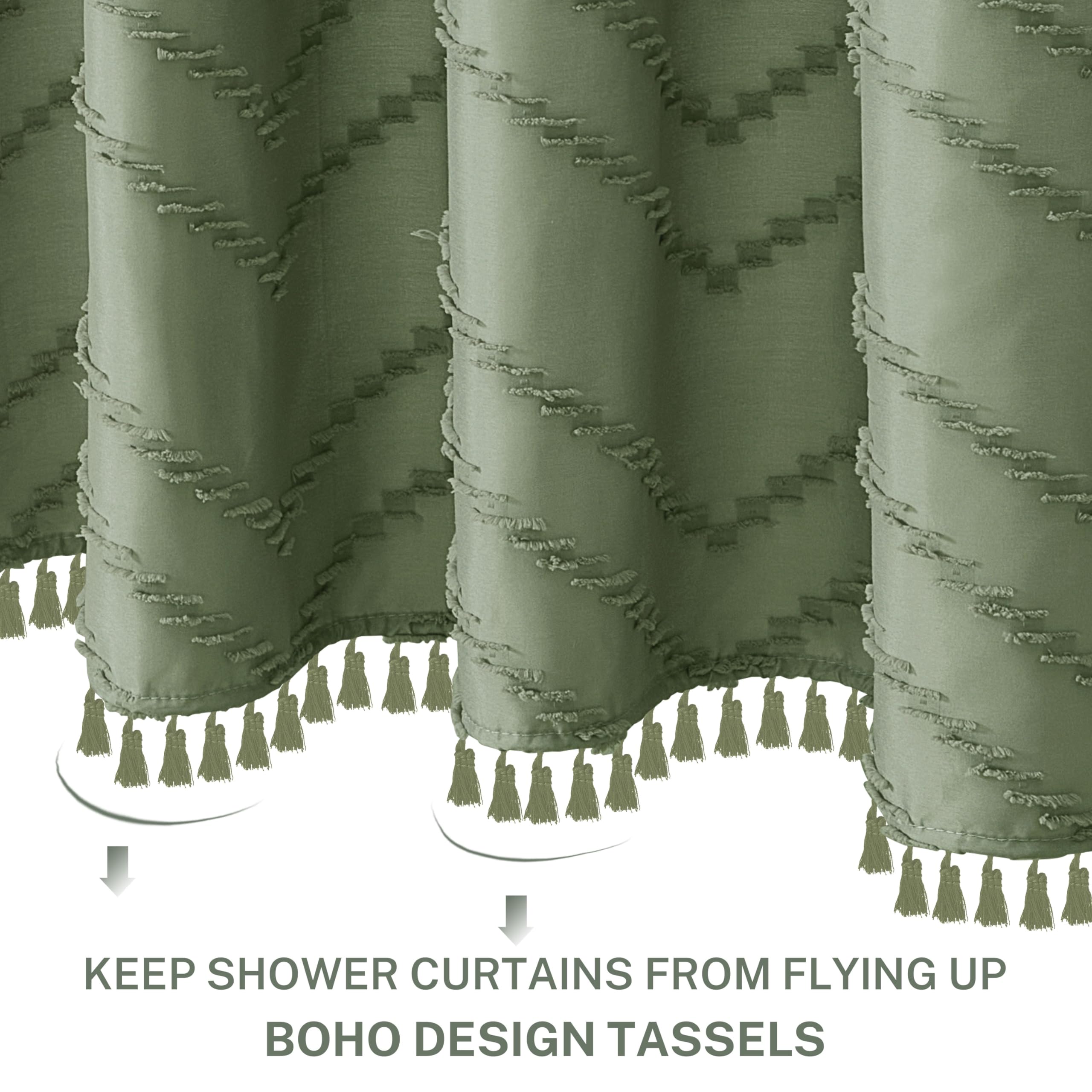 Boho Shower Curtain With Tassel Woven Fabric Sage Green Shower Curtain 72 X 72 Modern Farmhouse Textured Tufted Chevron Striped