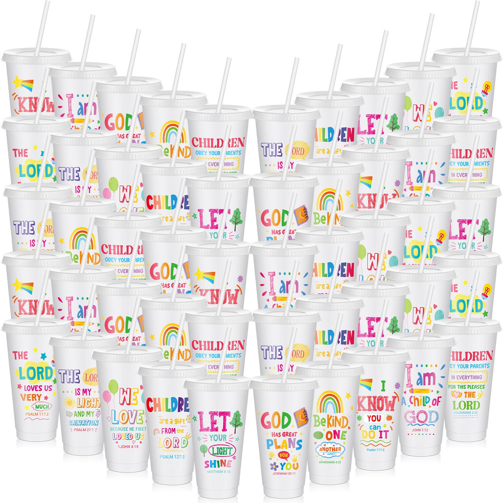 Uiifan 50 Pcs Christian Tumblers with Straws for Kids, Bible Verse Cups for VBS, Sunday School, Church Party Favors and Faith Gi