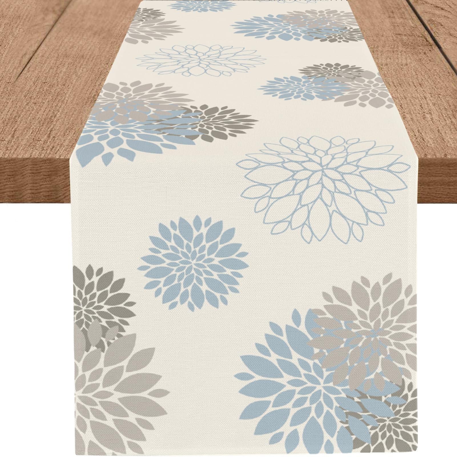 WHOMEAF Light Blue Grey Table Runner Wild Dahlia Pinnata Flower Table Runners Modern Elegant Pompon Farmhouse Geometric Table Ce