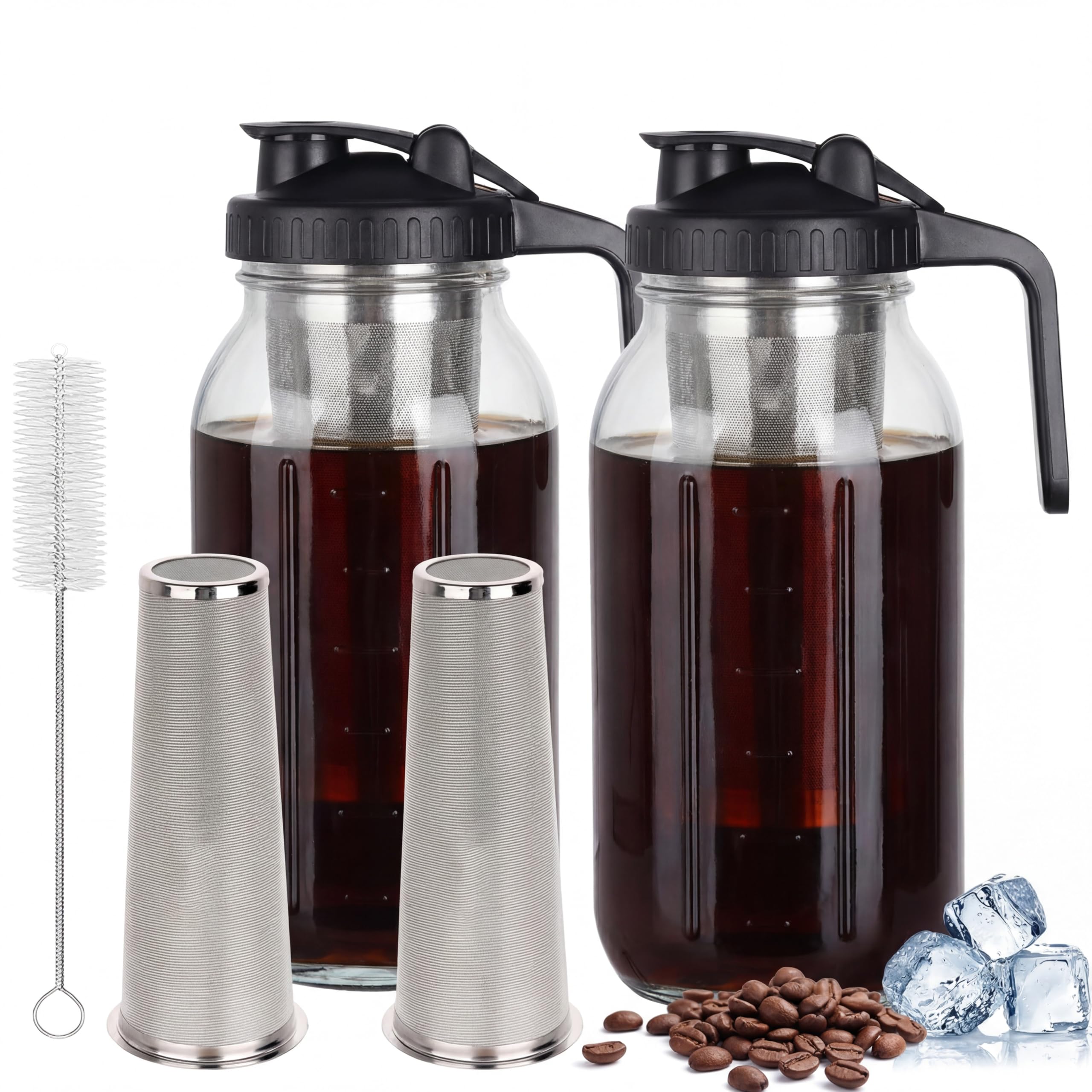 Scidea Cold Brew Coffee Maker, 2 Packs 64oz Mason Jar Pitcher with Durabel Glass & Stainless Steel Mesh Filter, Leak-Proof Glass