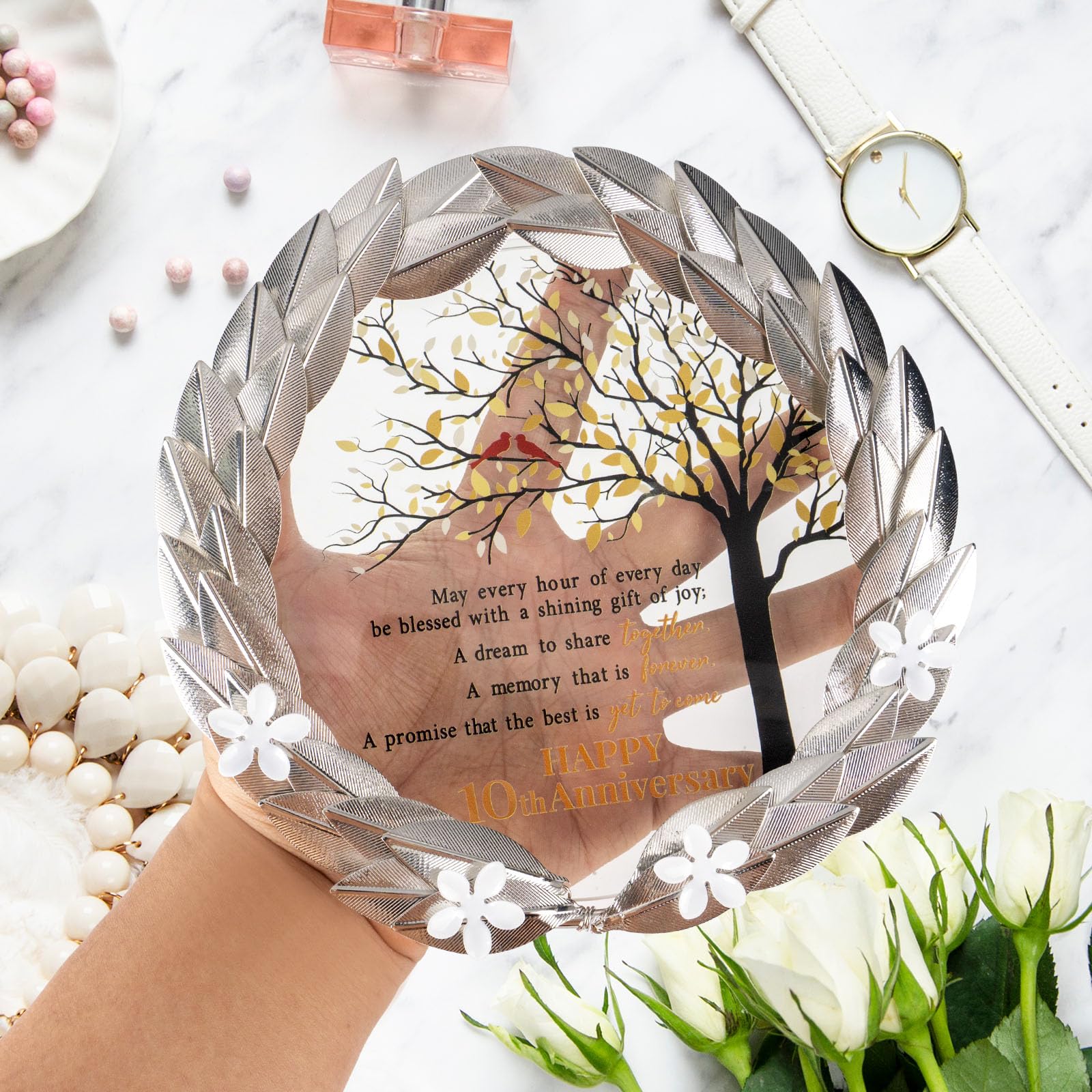 10th Anniversary Wedding Gifts Crystal Plate with Tin Leaf Wreath - 10 Years Anniversary Wedding Unique Gifts Ideas for Parents