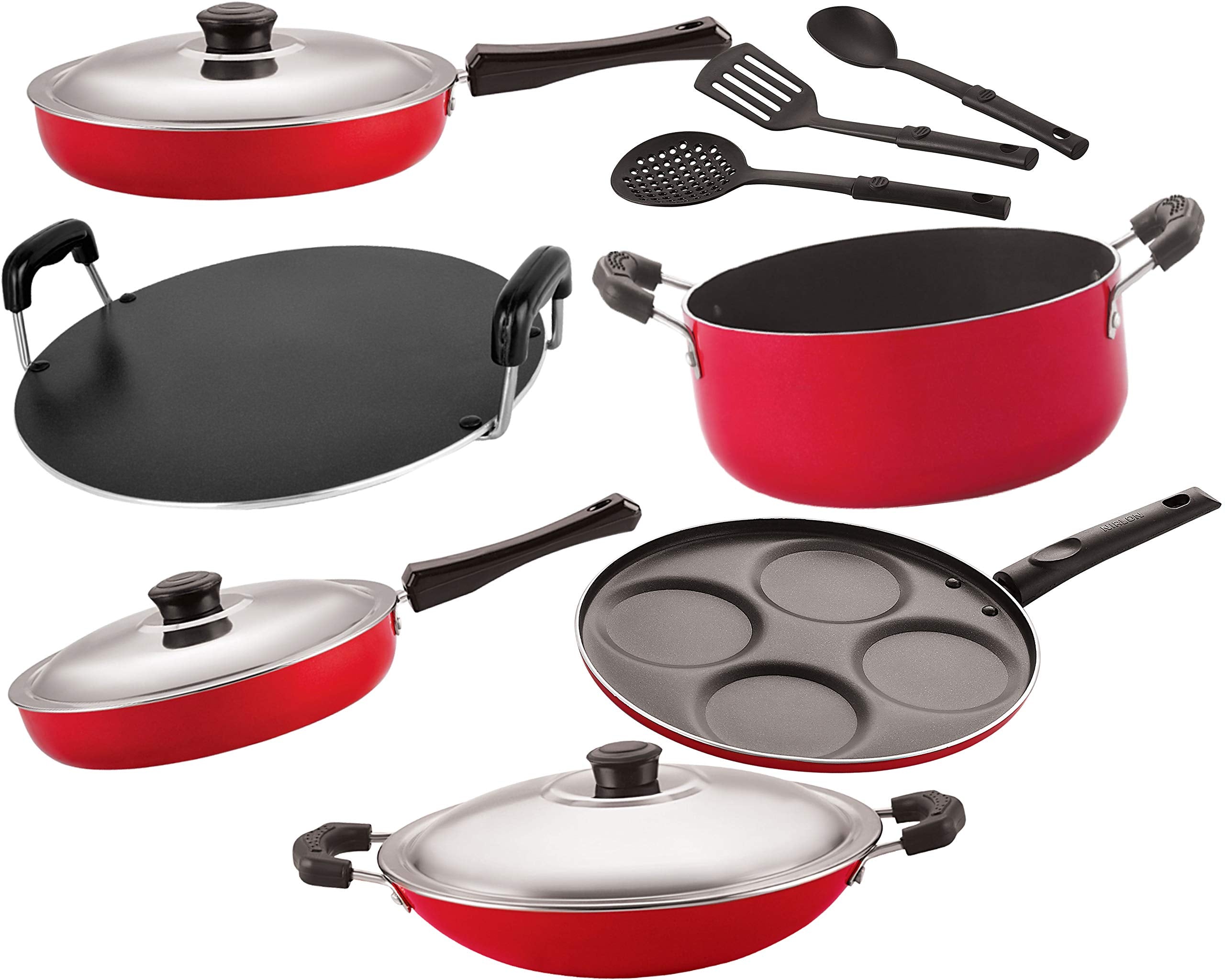 Nirlon Gas Compatible NonStick Aluminium Cookware Set, 9Pieces, Red/Black [26_Fp12_Fp13_Ch_Rt_Cass20_Up4_3Spn]