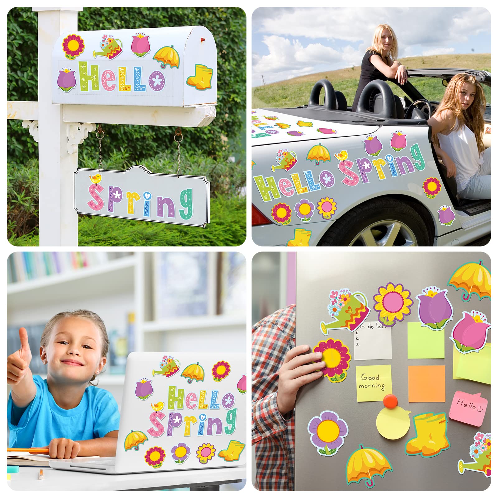 Whaline 23Pcs Hello Spring Refrigerator Magnets Spring Flower Blossoms Umbrella Pattern Fridge Magnets Colorful Floral Metal Magnetic Stickers for Spring Car Metal Door Garage Cabinet Mail Box