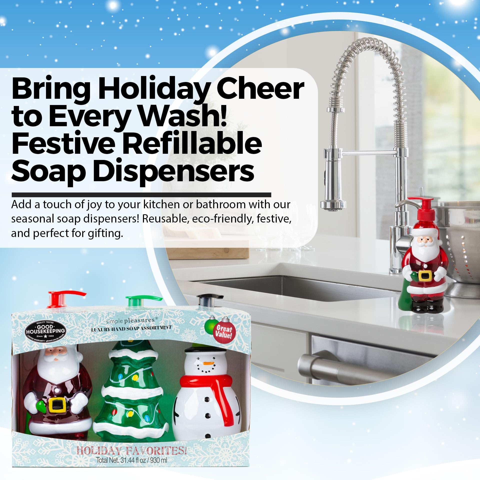 Simple Pleasures Holiday Soap Dispenser - Snowman, Santa & Christmas Tree With Scented Liquid Soap - Decorative Hand Pump Refill