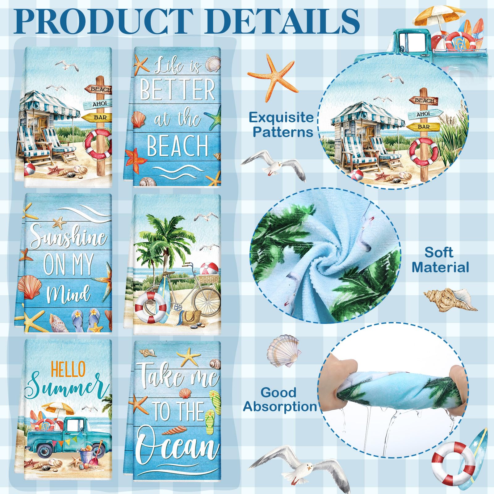 Tudomro 6 Pcs Summer Beach Kitchen Towels Beach Truck Shell Dish Towels Absorbent Soft Kitchen Fingertip Towels Blue Fresh Summe