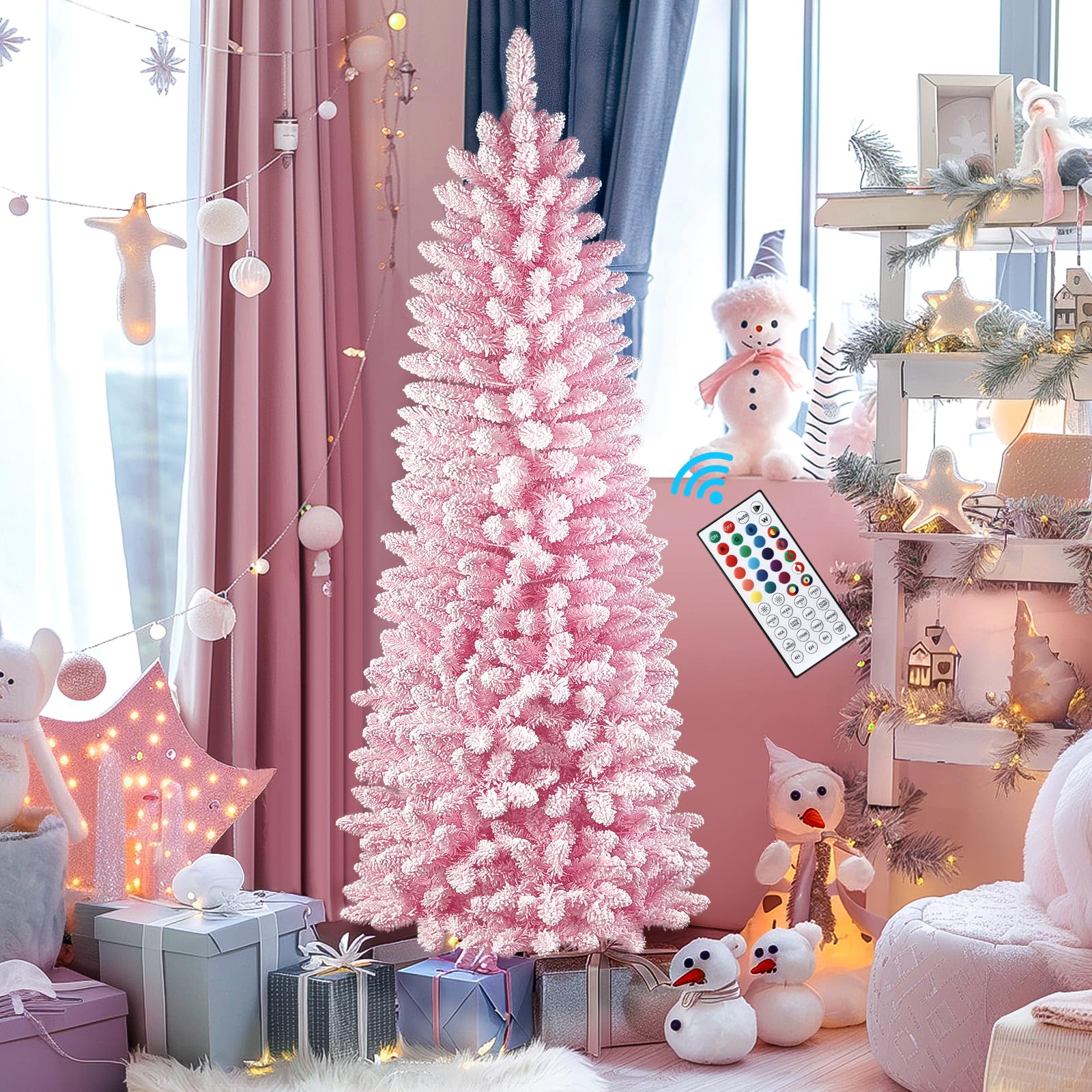 SHareconn 6.5ft Prelit Snow Flocked Artificial Hinged Slim Pencil Christmas Tree, with Remote Controlled Multi-Color RGB Lights,