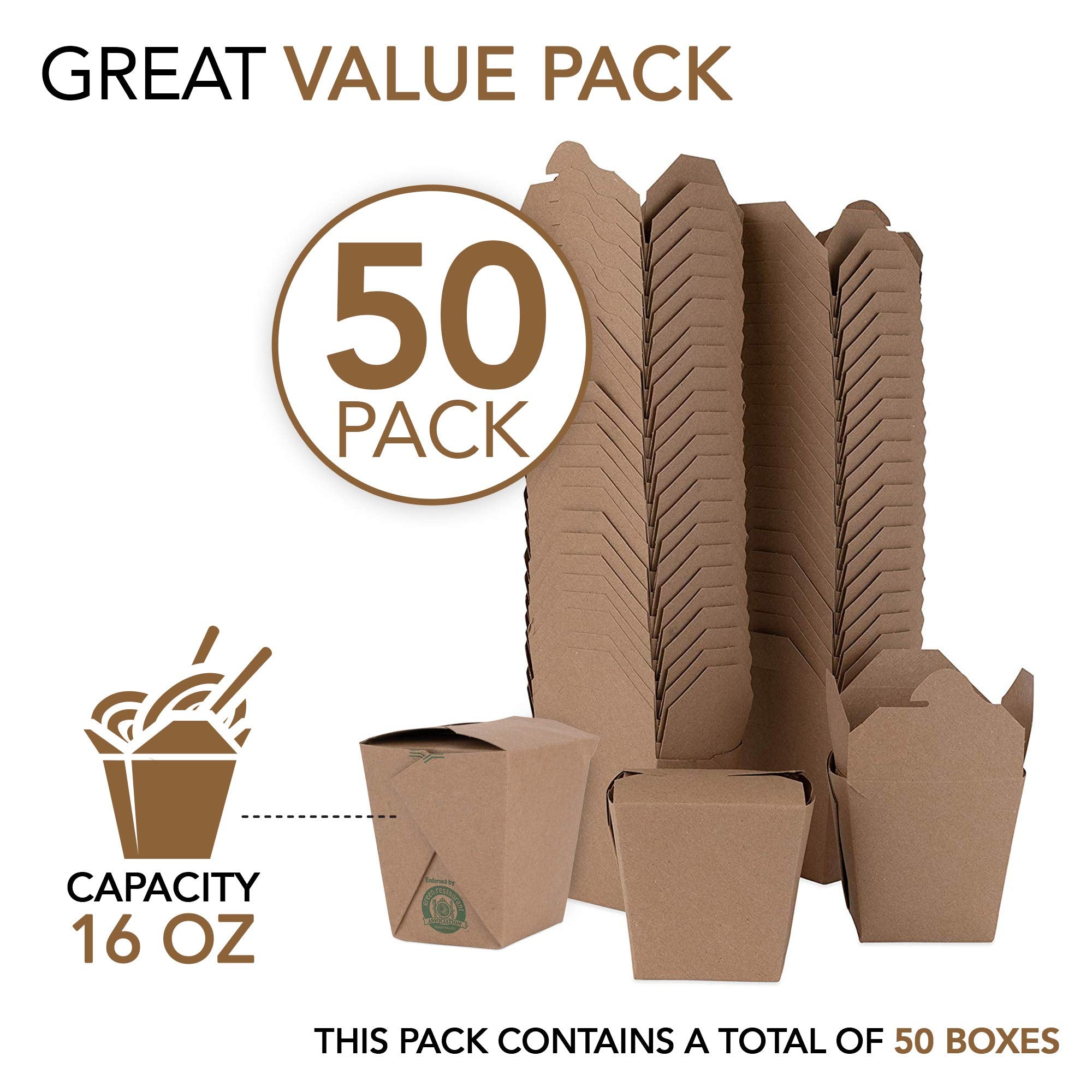 Take Out Food Containers 16 Oz Microwaveable Kraft Brown Paper Chinese Takeout Box (50 Pack) Leak And Grease Resistant Stackable