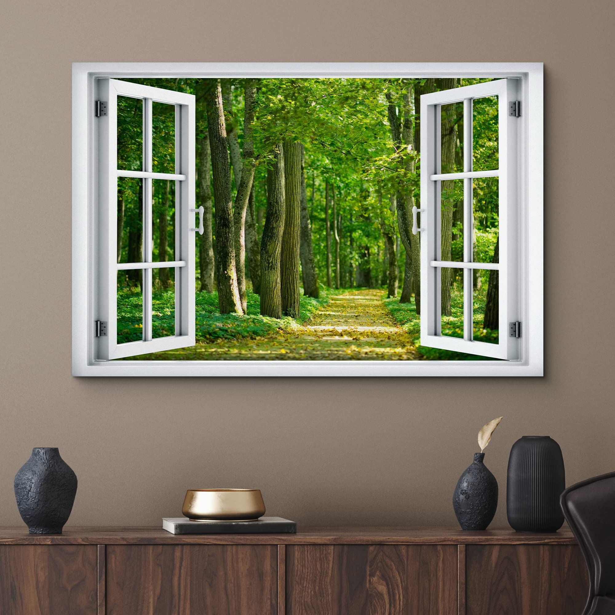 Wall26 Canvas Print Wall Art Window View Trail Path Springtime Green Tree Forest Wilderness Nature Photography Realism Scenic La