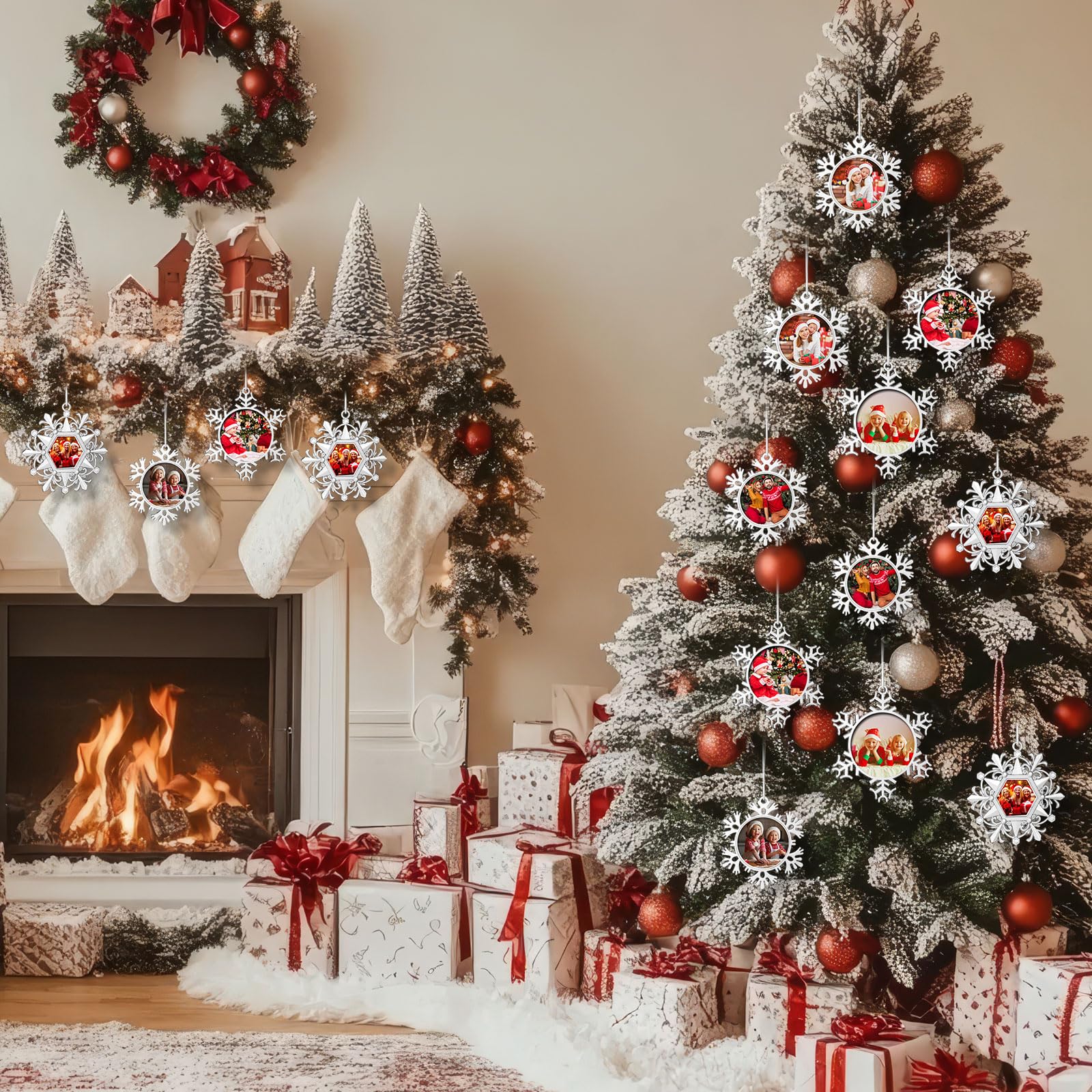 Soaoo 12 Pcs 2025 Metal Christmas Photo Frame Ornament Bulk Silver Snowflake Tree Picture Frame Ornament Double-Sided for Christ