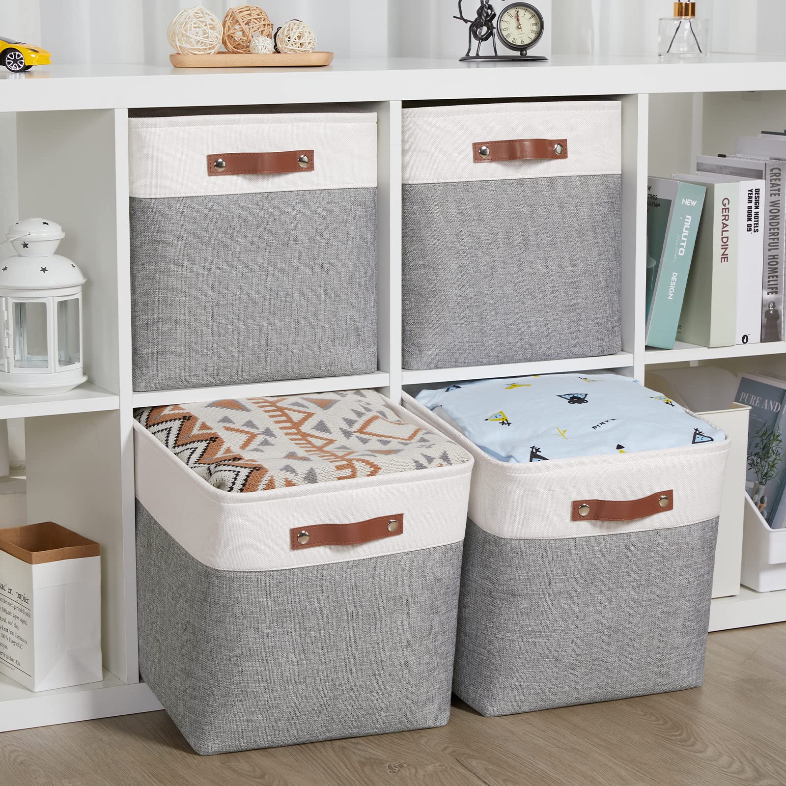 HNZIGE Foldable Storage Cubes Baskets Set(4 Pack) Fabric Bins for Shelves 13 Inch Storage Basket for Organizing with Leather Handles for Home  Toys  Clothes  Kids Room  Closet Storage(White&Gray)