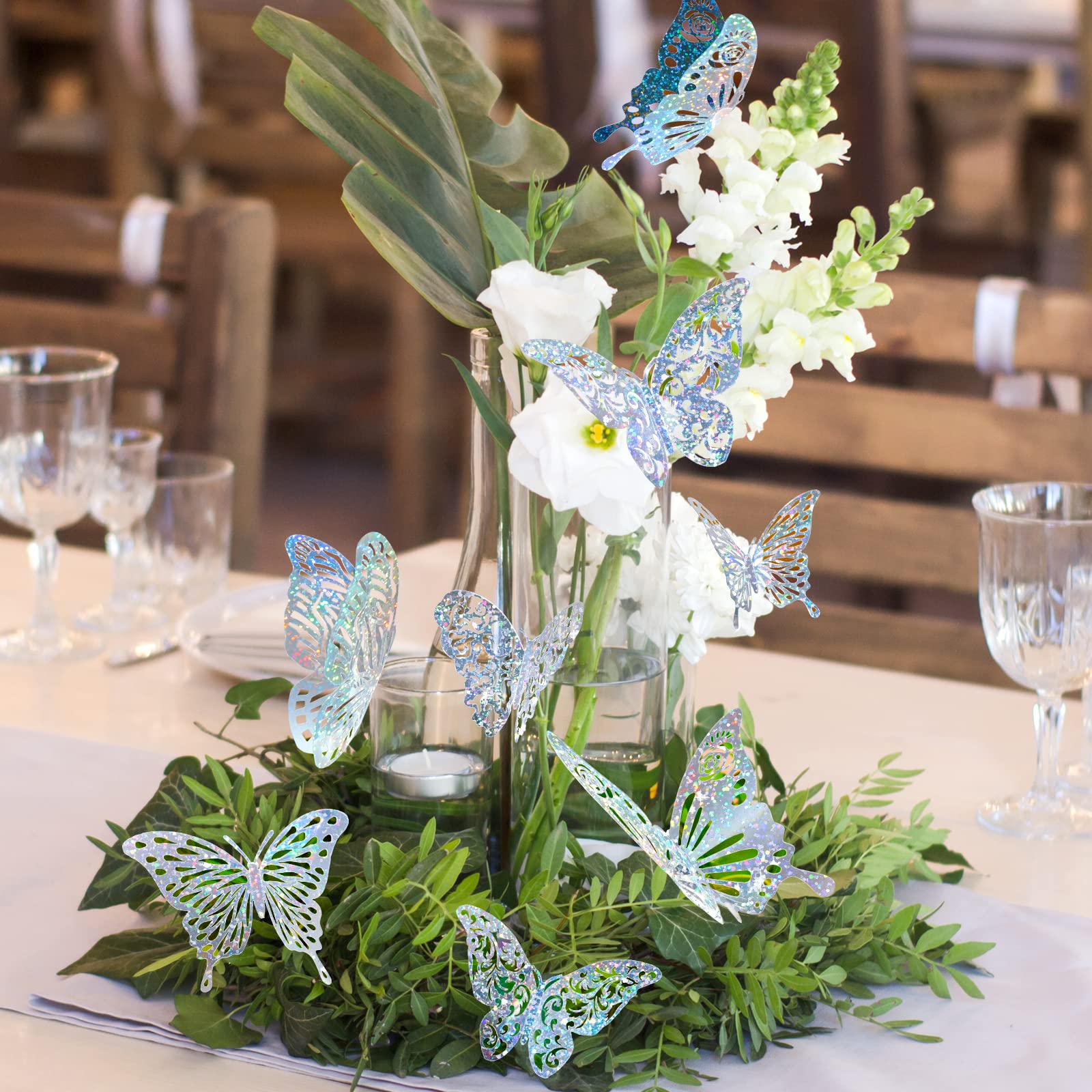 60 Pcs 3D Sequined Silver Butterfly Wall Decor, 5 Styles 3 Sizes,Butterfly Cake Birthday Party Baby Shower Decorations Iridescen