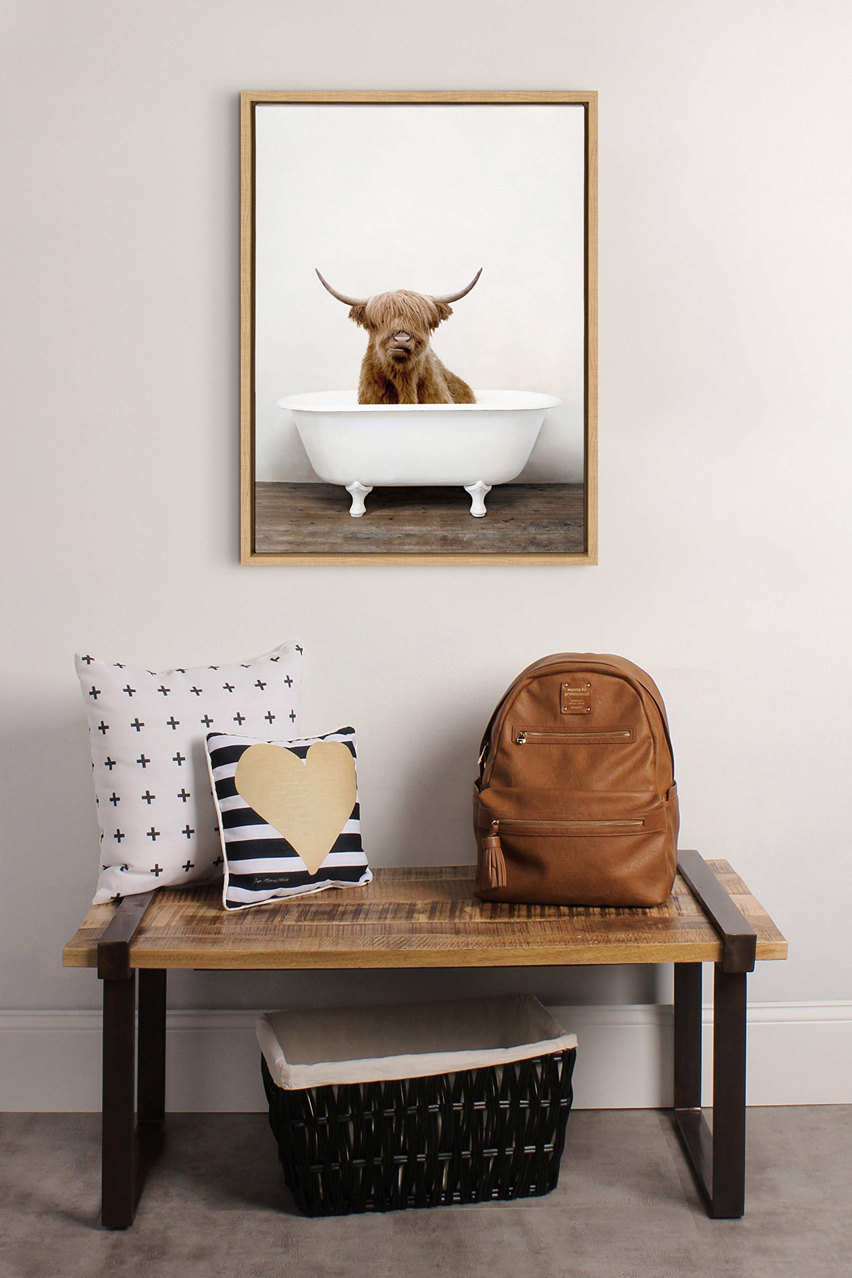Kate and Laurel Sylvie Highland Cow in Tub Color Framed Canvas Wall Art by Amy Peterson  18x24 Natural  Chic Animal Art for Wall