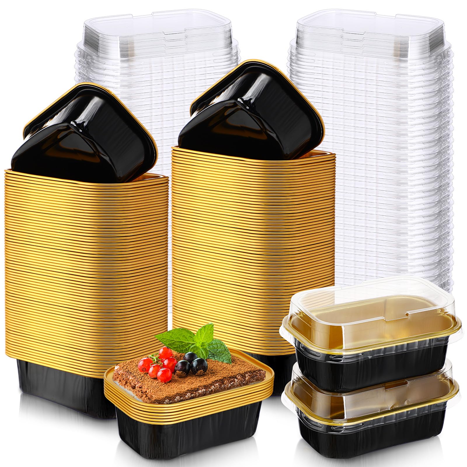 Vesici 100 Mini Loaf Pans with Lids, 5.7oz Aluminum Foil, Black Gold