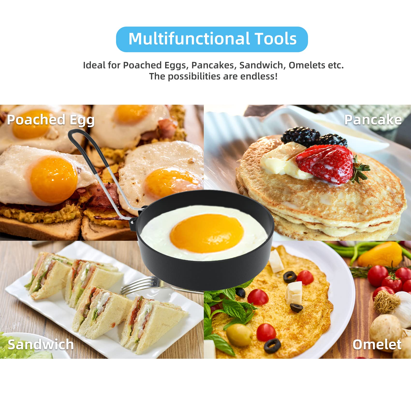 Ameupin Egg Rings  3.5 Inch Egg Cooking Rings for Griddle Frying Eggs (4 Pack Food Grade Stainless Steel Non Stick Round Egg Pancake Molds with Oil Brush and Egg Separator)