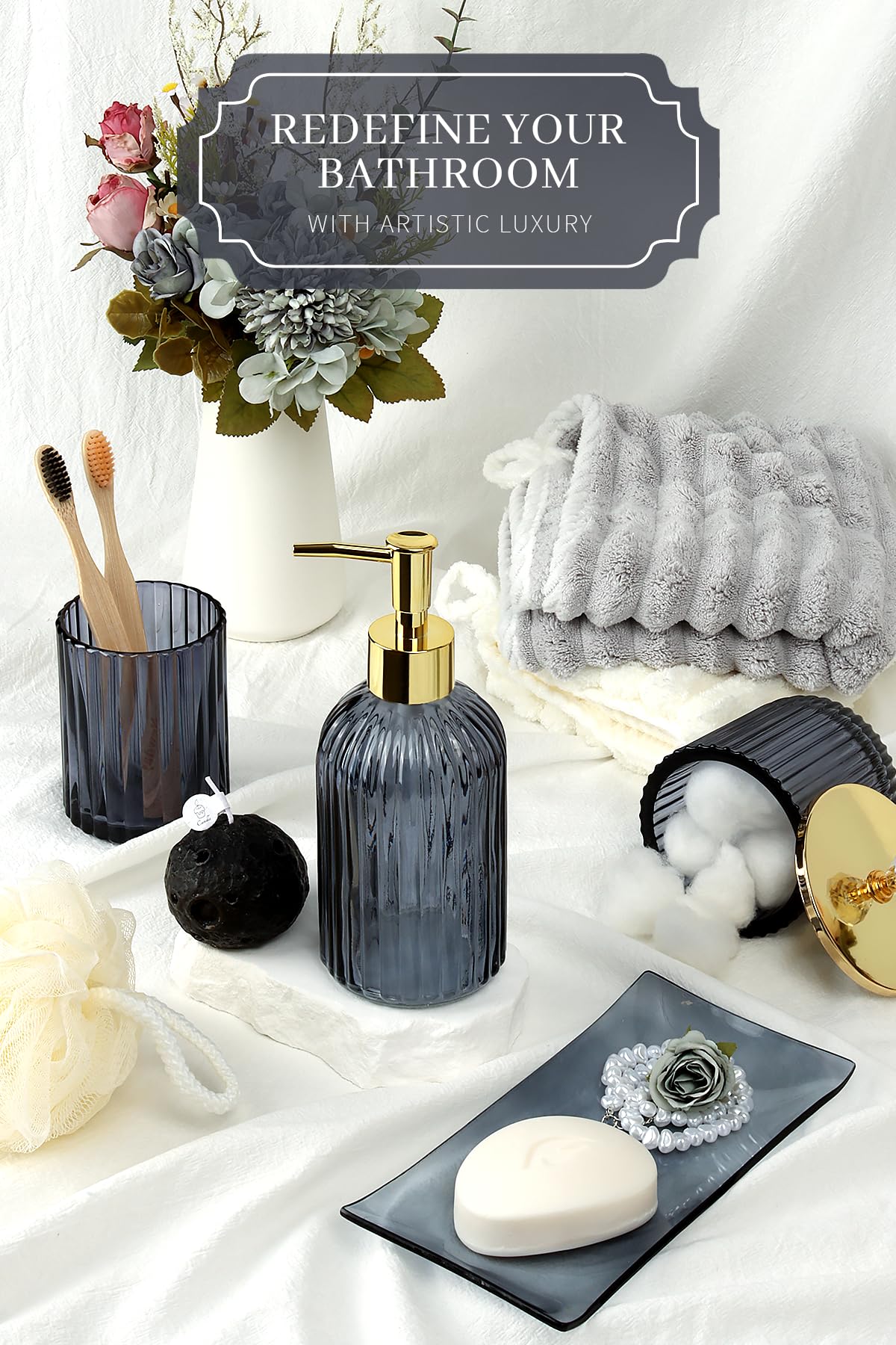 Designer Blue Glass Bathroom Accessories Sets - 4 Pcs With Lotion Soap Dispenser, Bathroom Toothbrush Holder, Vanity Tray, And A