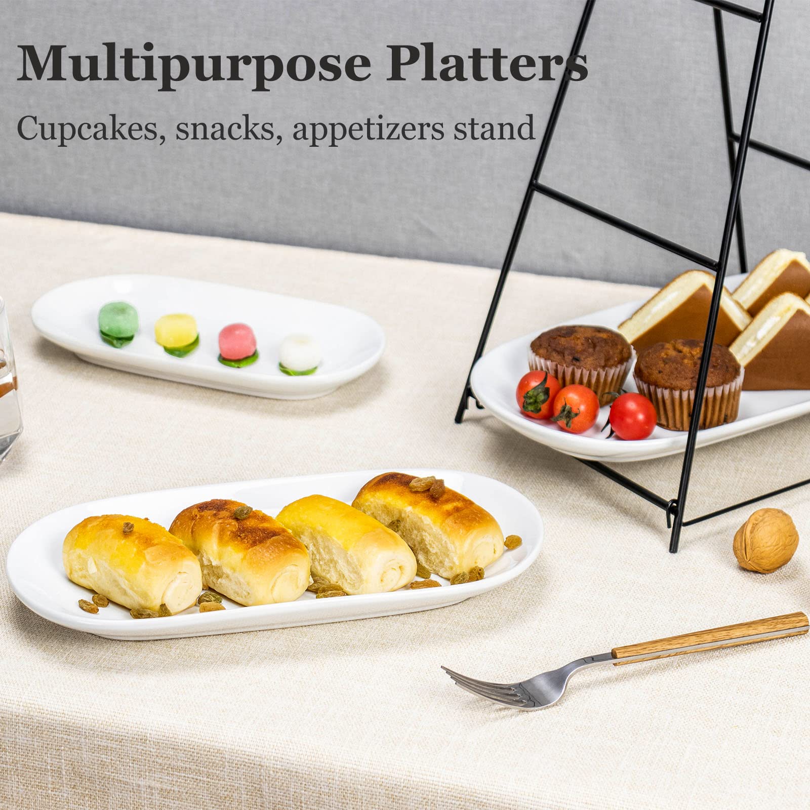 Unicasa 3 Tier Serving Tray - White Oval Serving Plate Dishes, Party Trays And Platters With Metal Rack For Cake, Snack, Fruit -