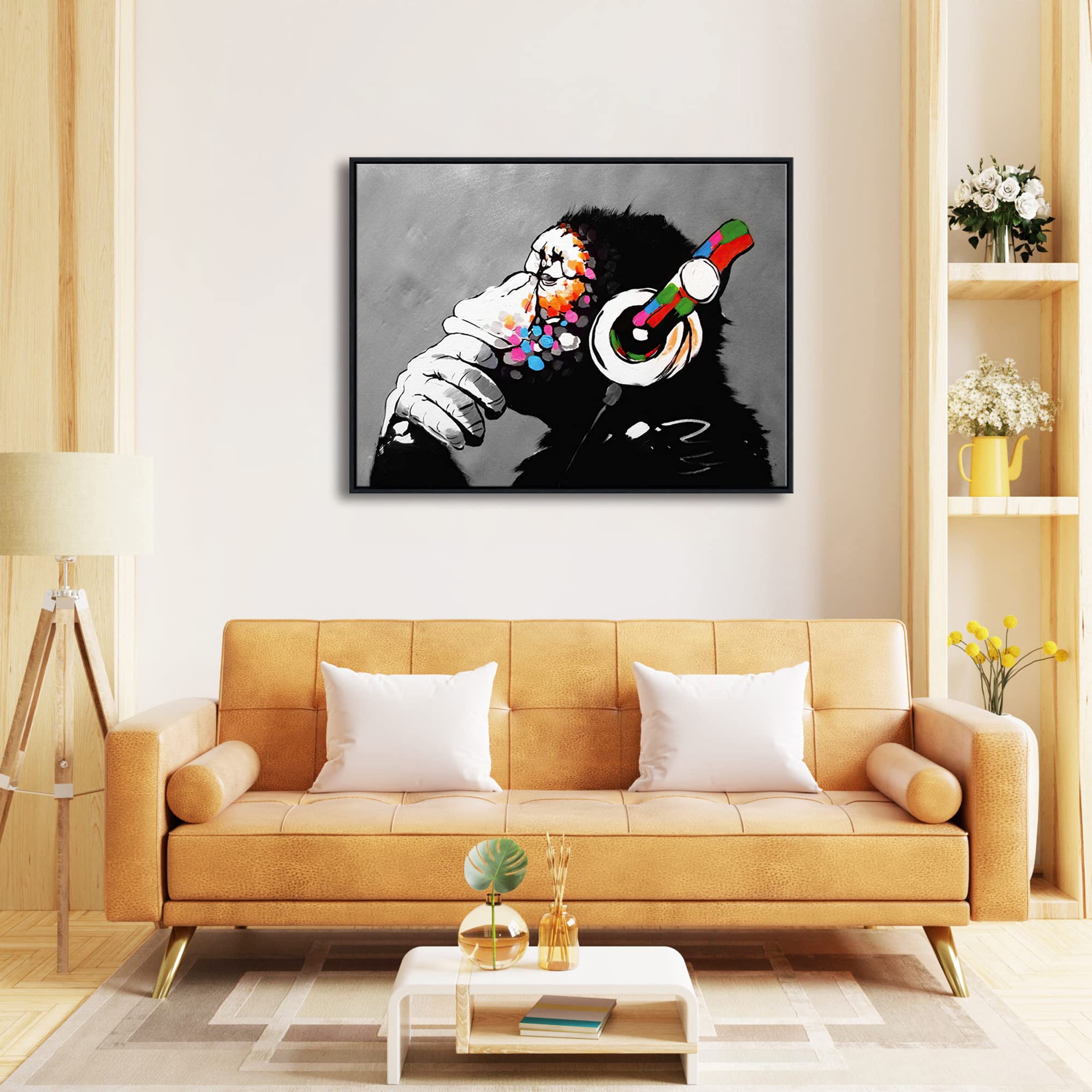 Wieco Art Large Black Framed Monkey With Headphones Banksy Graffiti Art Abstract Canvas Painting For Home Decor Canvas Wall Art