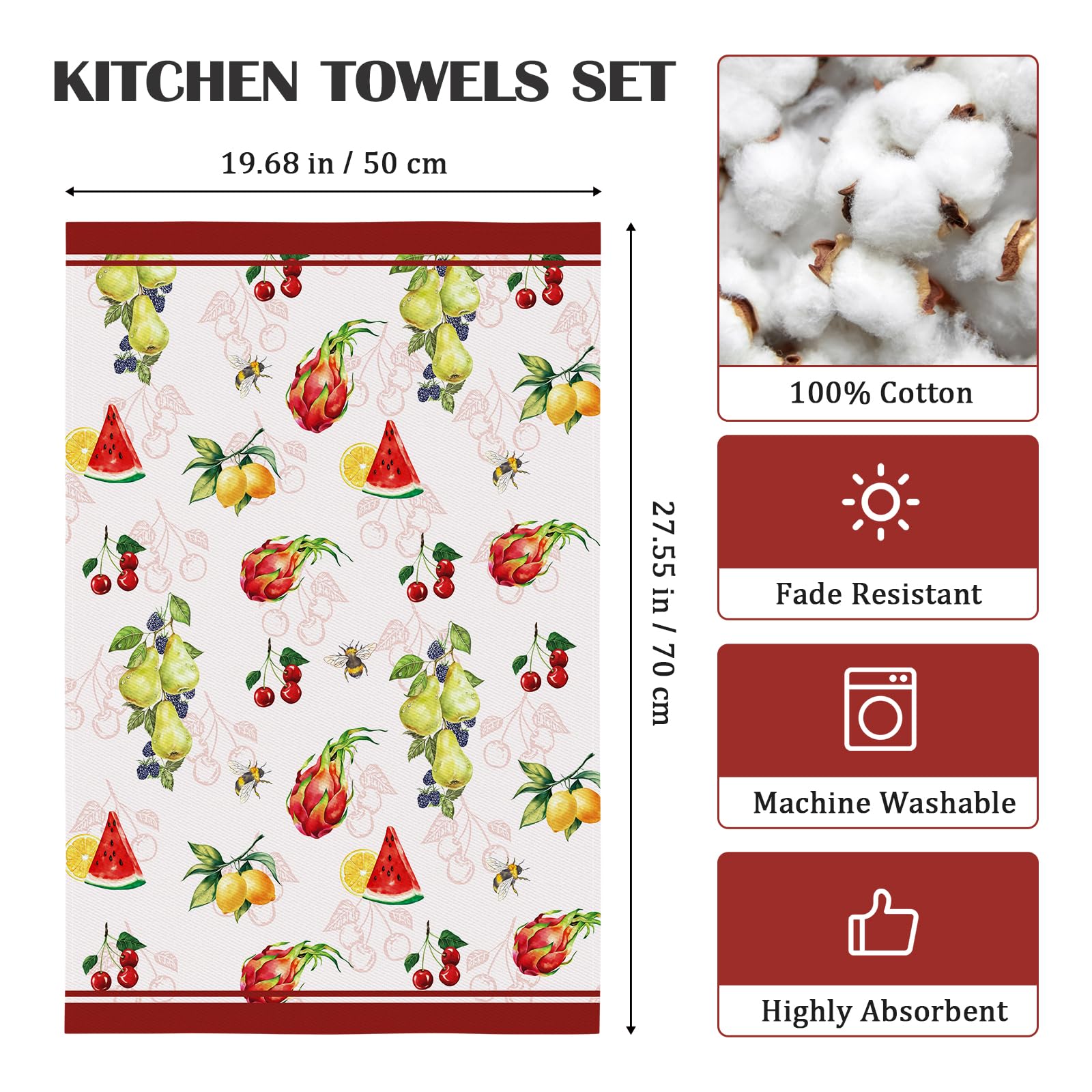 Arquiel Spring Summer Fruit Kitchen Towel 100% Cotton Quick Dry Dish Towels 20 X 27.5Inch, Dishcloth Tea Towels For Housewarming
