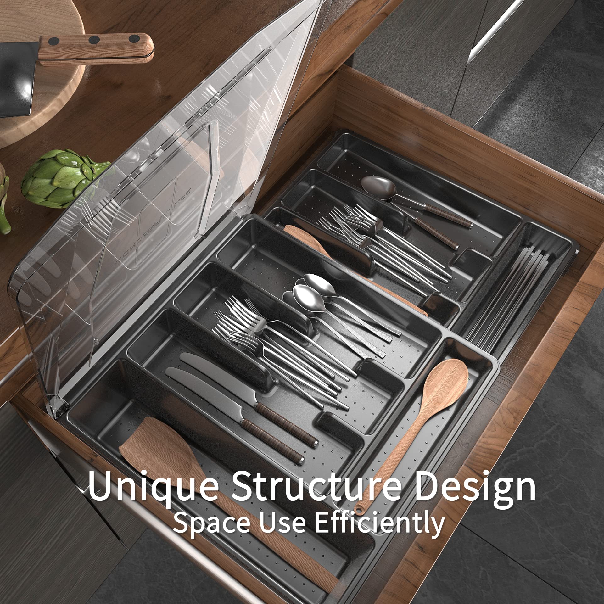 Kurberson Double Layer Silverware Tray With Lid, Drawer Organizer For Utensil Tray, Cutlery Storage Holder With Cover, Black