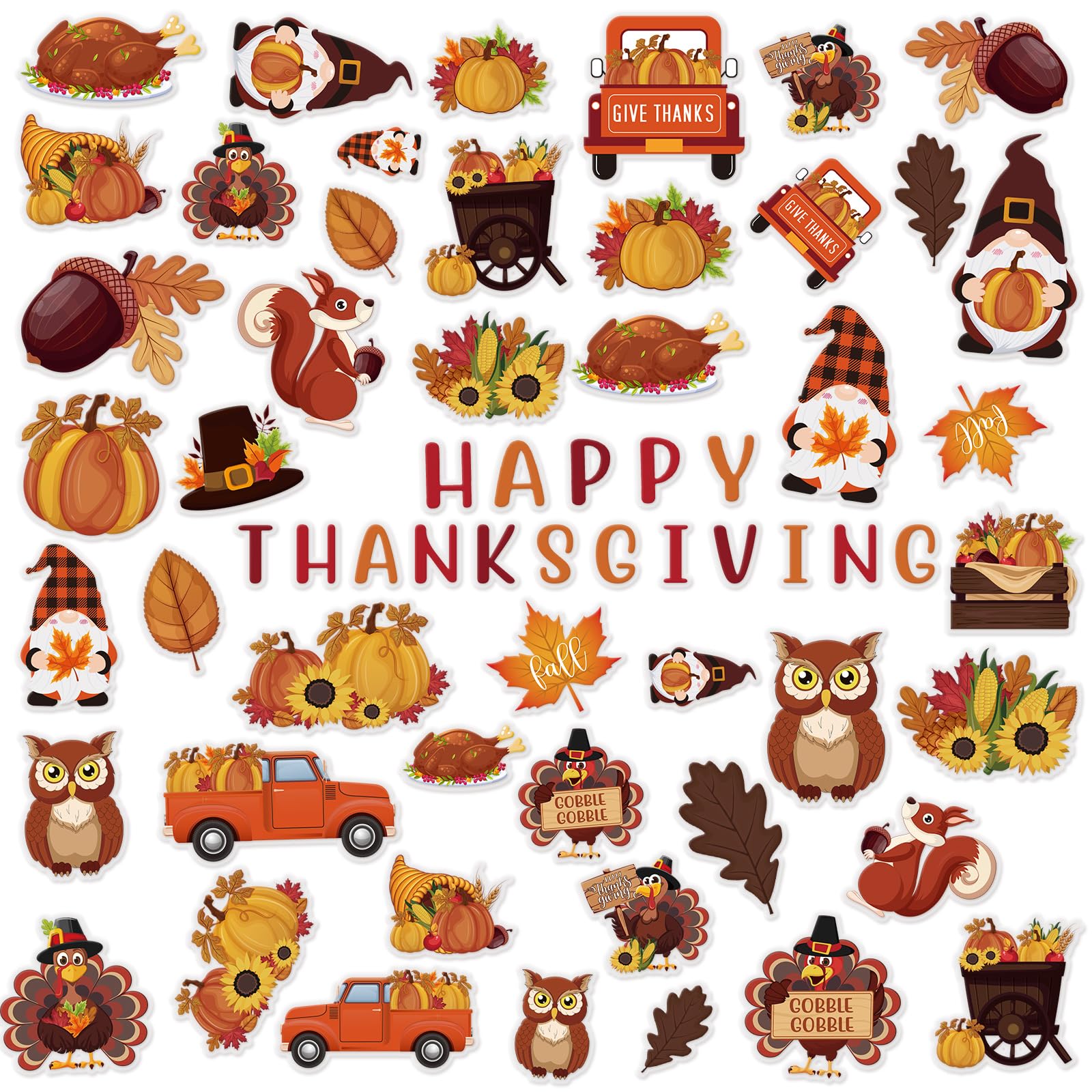 Motipuns 48 Pcs Thanksgiving Window Gel Clings Happy Thanksgiving Thick Gel Clings Removable Reusable Fall Turkey Pumpkin Window