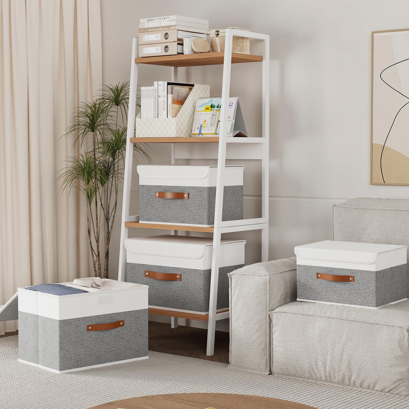 Yawinhe Collapsible Storage Boxes 1 Pack  Linen Fabric Storage Baskets Washable  with Lids and Leather Handle  for Home Bedroom Closet Office  (White/Grey  15.0x9.8x9.8in)  USNK024WGL-1