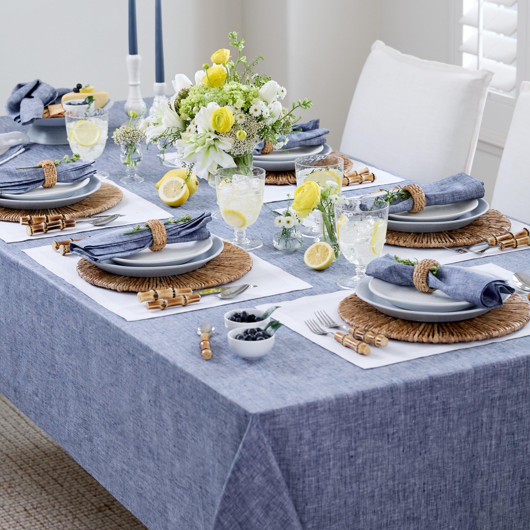 Solino Home Linen Tablecloth 144'' L X 60'' W Inch - 100% Pure Linen Chambray Indigo Table Cloth For Rectangle Tables - Athena,