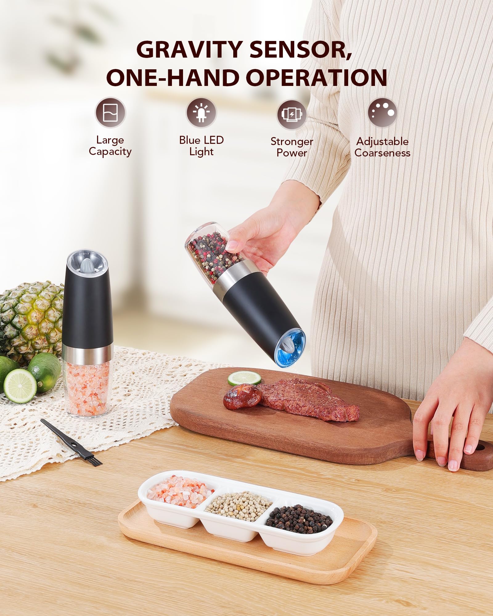 Sangcon Gravity Electric Salt And Pepper Grinder Set Automatic Shakers Mill Grinder With Led Light, Battery Powered Adjustable C