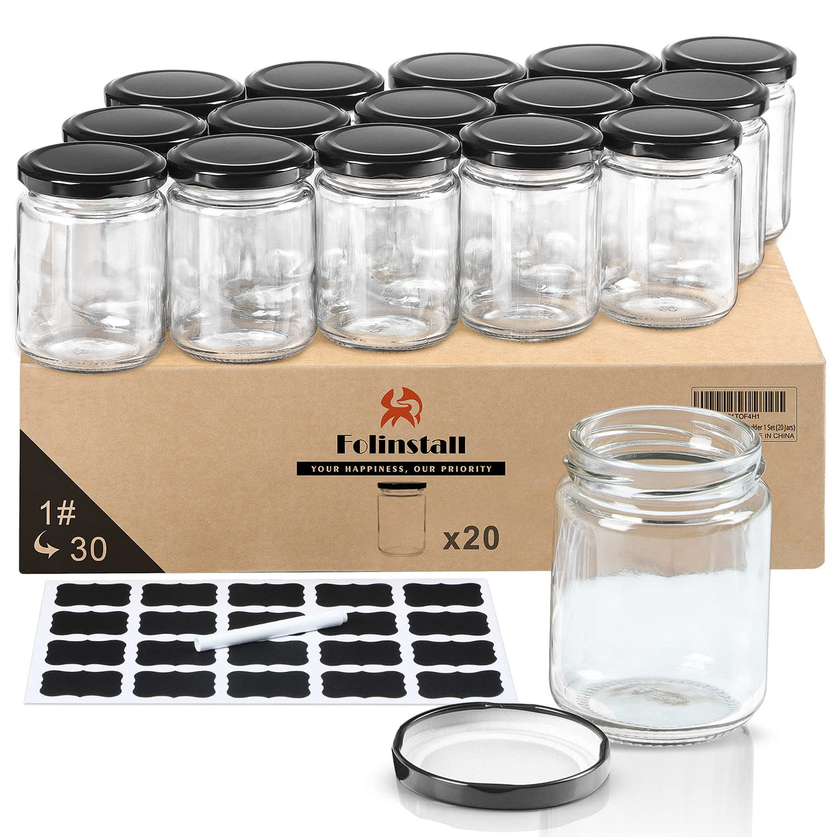 Folinstall 8 Oz Small Glass Jars With Airtight Lids, 20 Pcs Empty Candle Jars For Candle Making, Glass Food Storage Jars For Spi