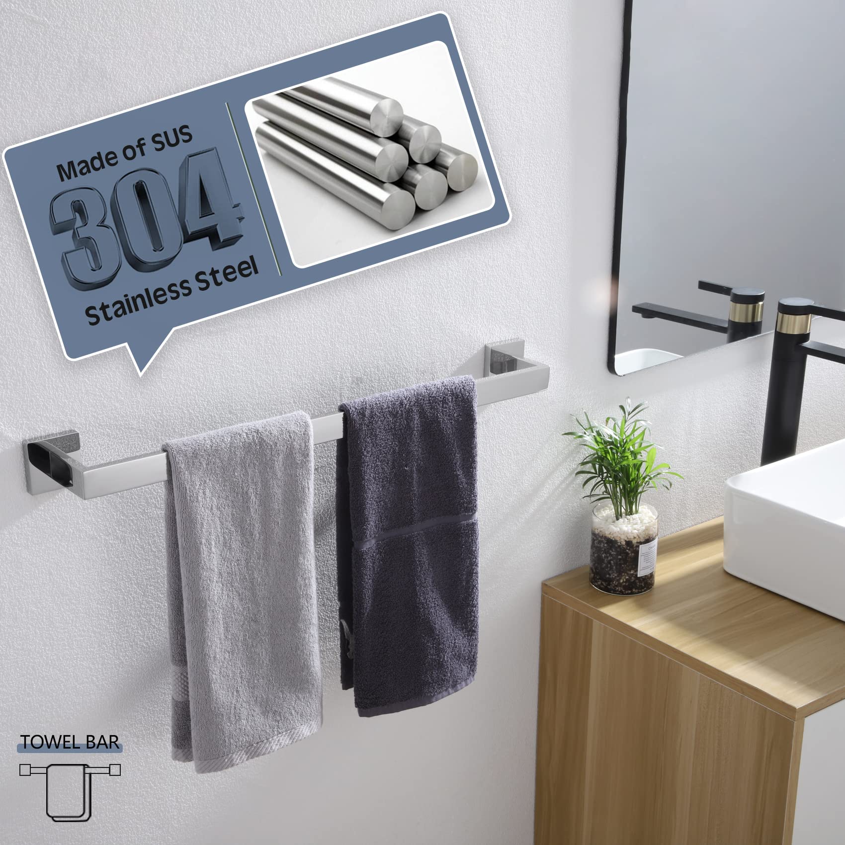 KOKOSIRI 24-Inch Single Towel Bar  Bathroom Kitchen Towel Holder  Wall Mounted SUS304 Stainless Steel Towel Rack  Polished Chrome  B4003CH-L24