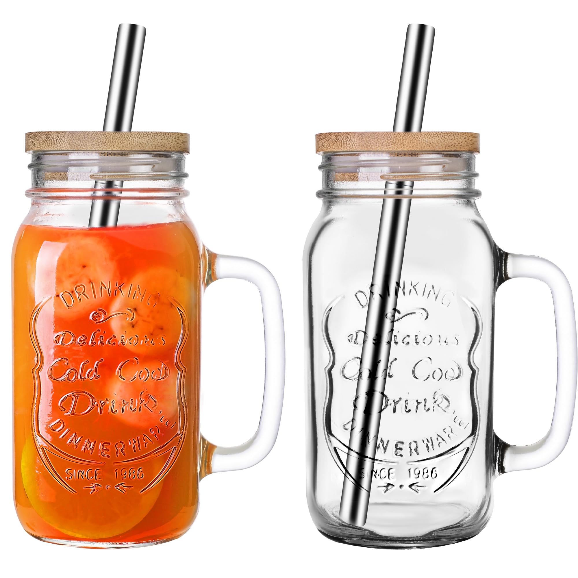 Qwezxo 24 Oz Mason Jar Drinking Glasses With Bamboo Lids And Stainless Steel Straws For Party Beverages,Iced Coffee 2Pack