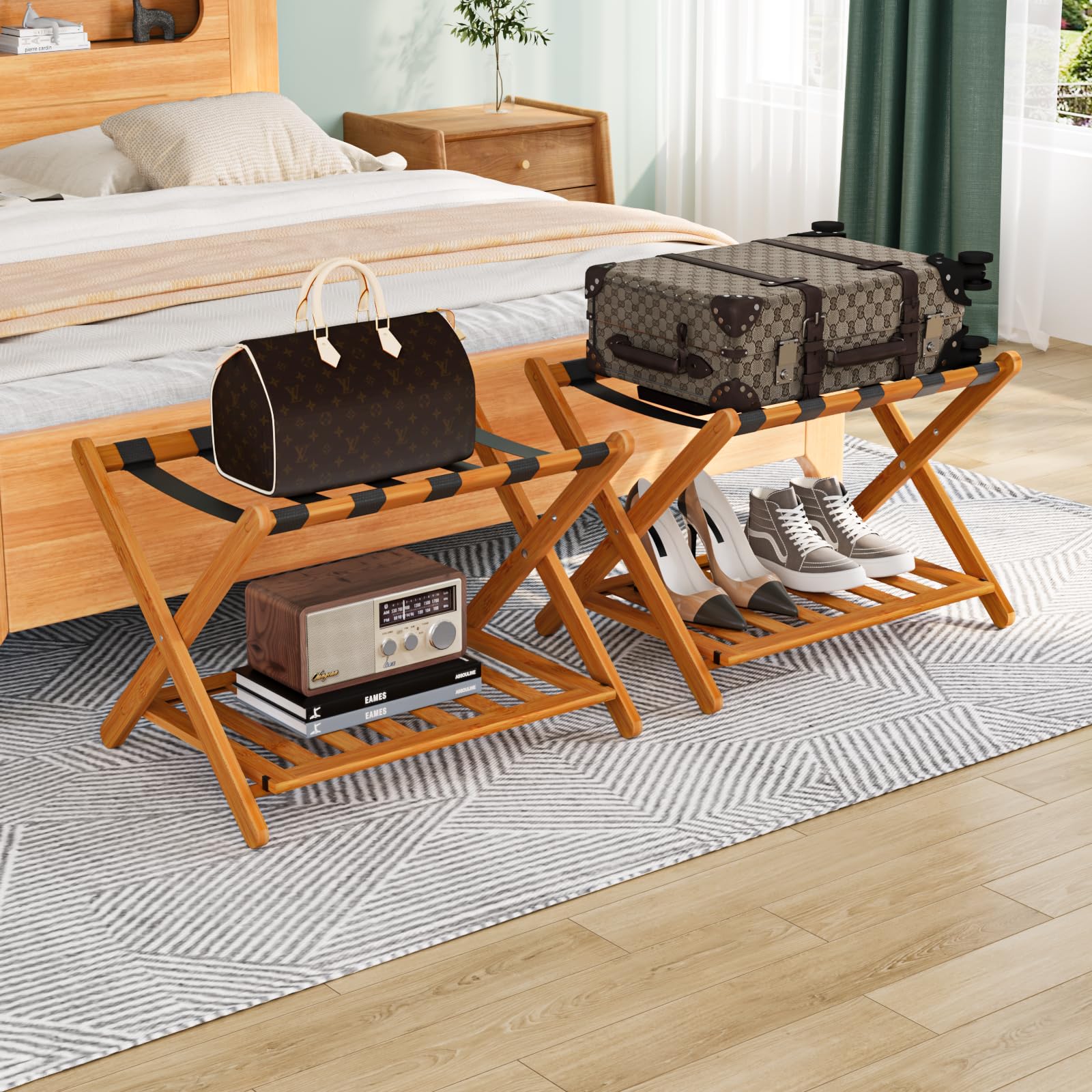 Smuxee Fully Assembled Honey Luggage Racks Pack Of 2, Upgraded Bamboo Foldable Suitcase Stand With 5 Nylon Straps, Luggage Holde