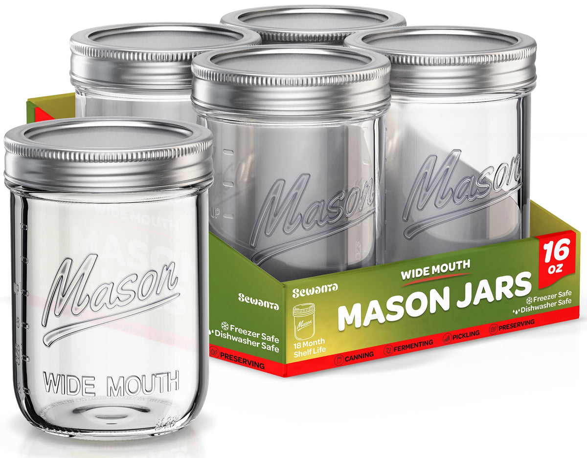 Sewanta Wide Mouth Mason Jars 16 Oz [18 Pack] With Mason Jar Lids And Bands, Mason Jars 16 Oz - For Canning, Fermenting, Picklin