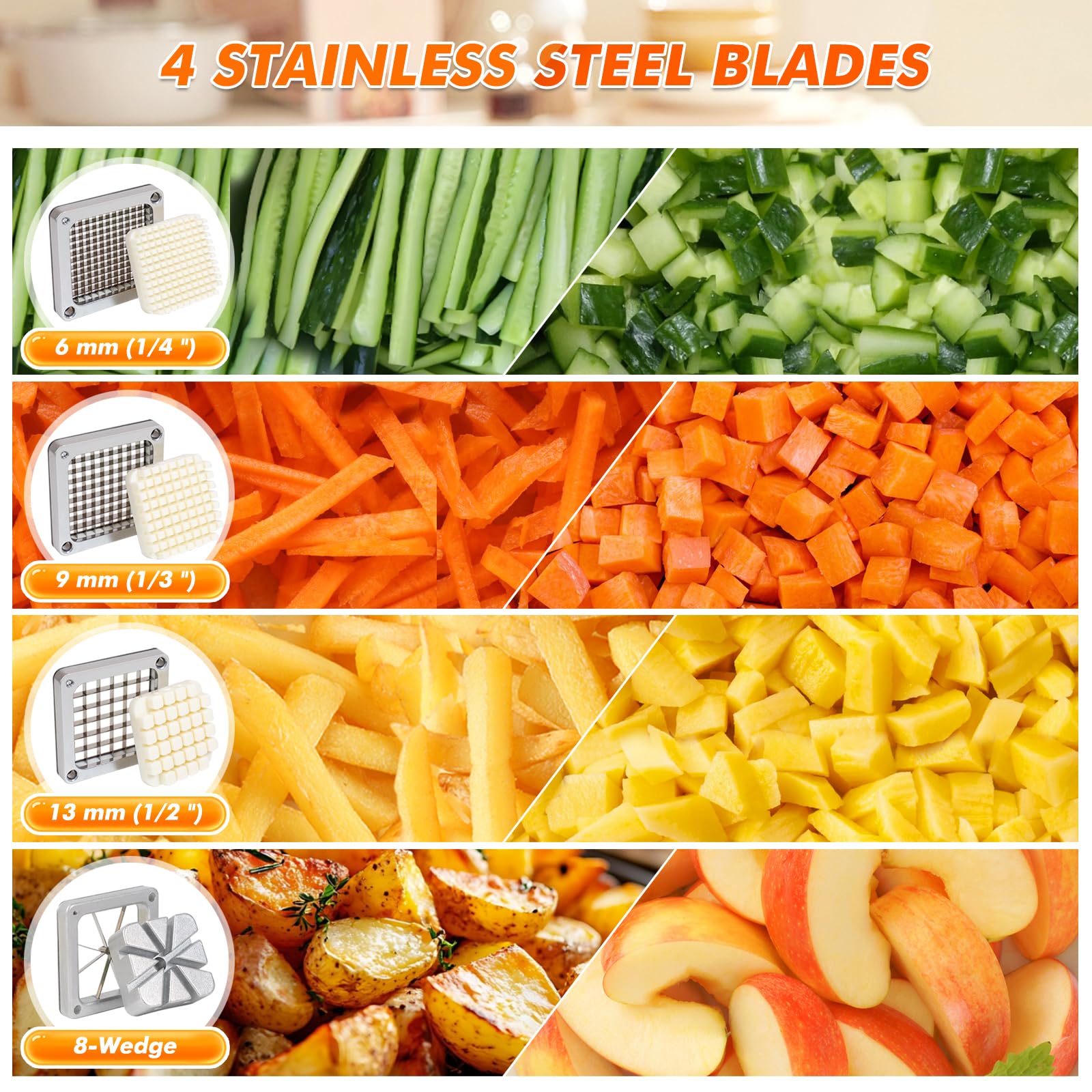 Anatole Commercial French Fry Cutter with 1/2'' 3/8'' 1/4'' 8-Wedge Stainless Steel Blades Professional Potato Cutter Dicer Manual Vegetable Chopper with Suction Cups for Carrot Cucumber Onion