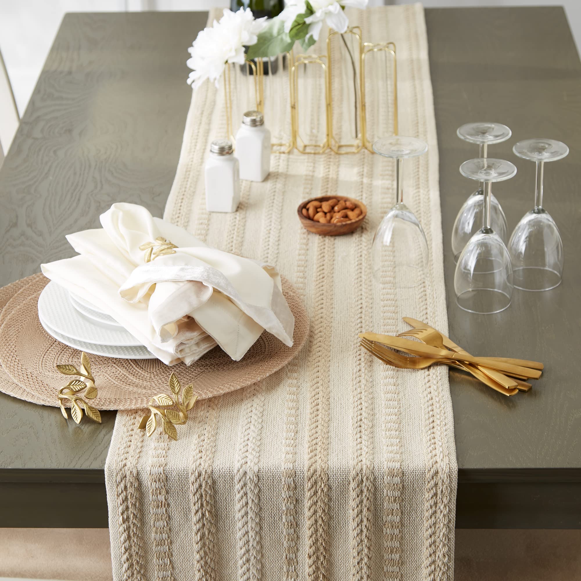 Dii Farmhouse Braided Stripe Table Runner Collection, 15X108 (15X113, Fringe Included), Vintage Linen