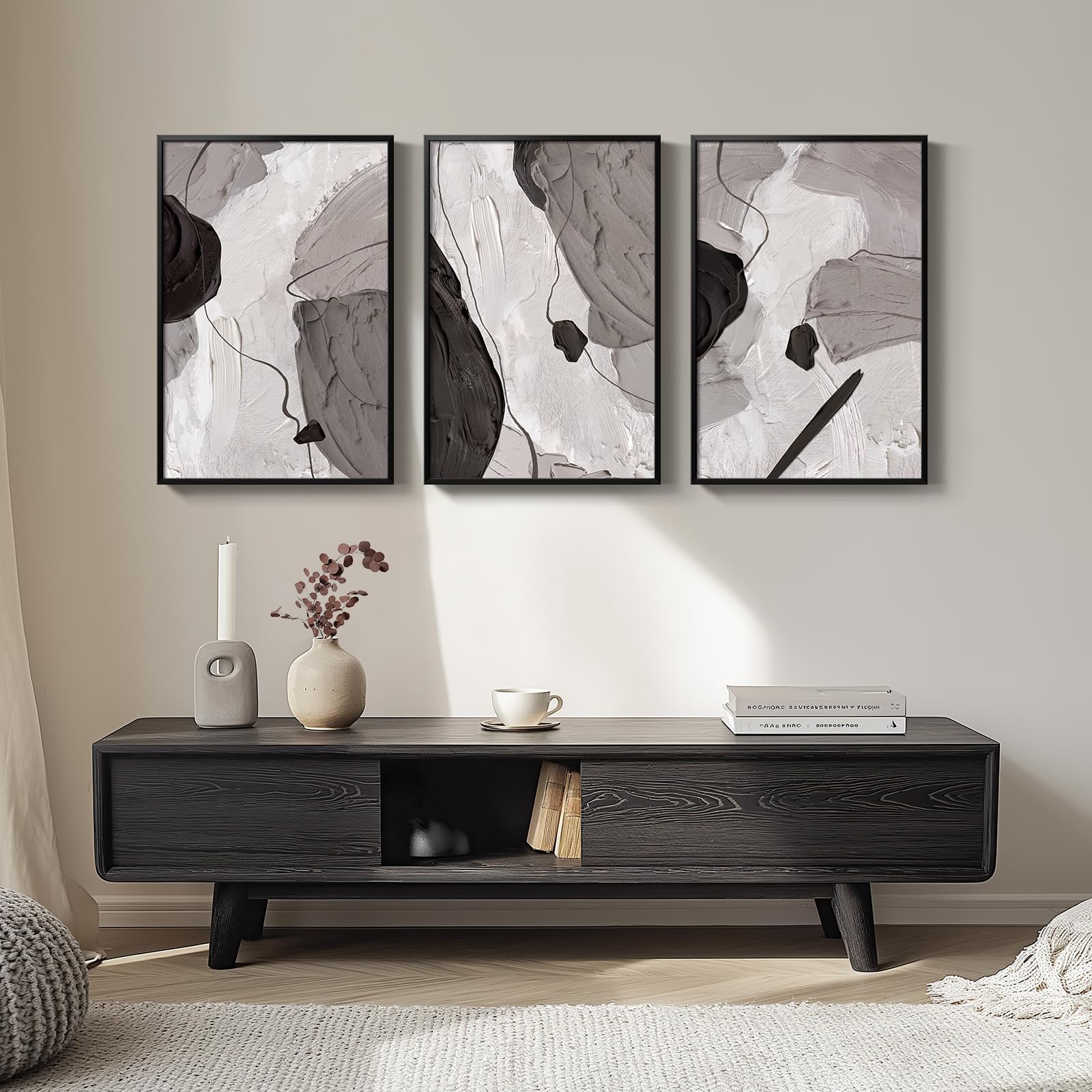 Large Framed Black And White Grey Abstract Wall Art For Living Room, Set Of 3 Piece Modern Minimalist Canvas Paintings Artwork F