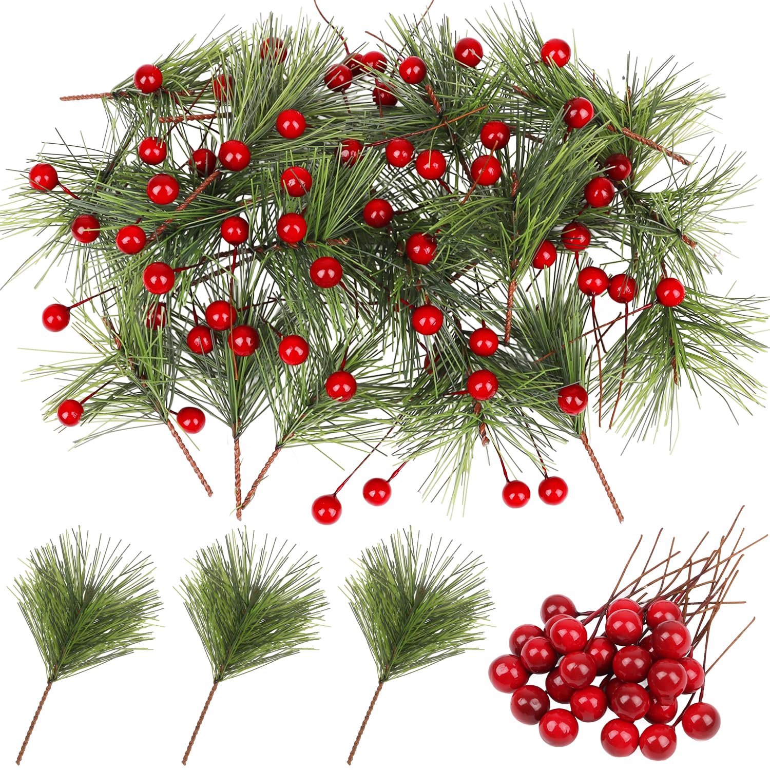 CCINEE 96Pcs Artificial Green Pine Needles Branches Red Berry Picks for Crafts, Greenery Stems Mini Holly Berries Pine Picks Twi