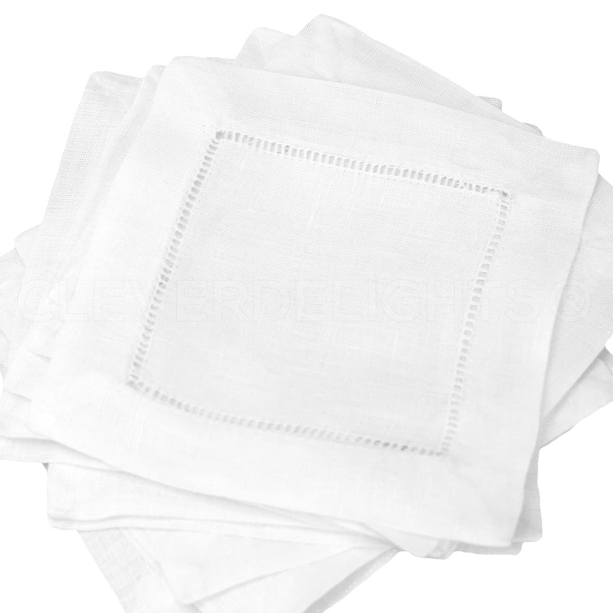 Cleverdelights 6 White Linen Hemstitch Cocktail Napkins - 12 Pack - 100% Linen