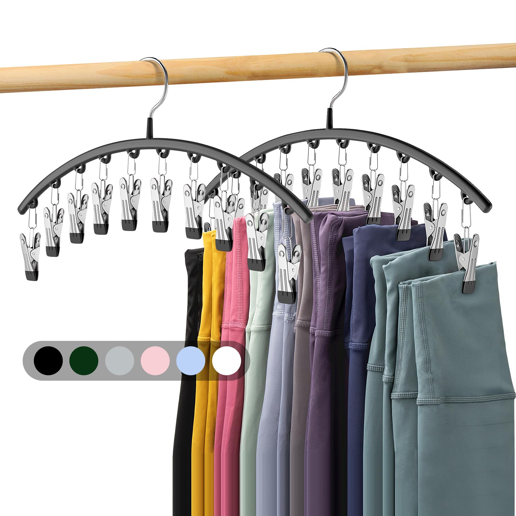 Volnamal Legging Organizer For Closet, Metal Yoga Pants Hangers 2 Pack W/10 Clips Holds 20 Leggings, Space Saving Hanging Closet