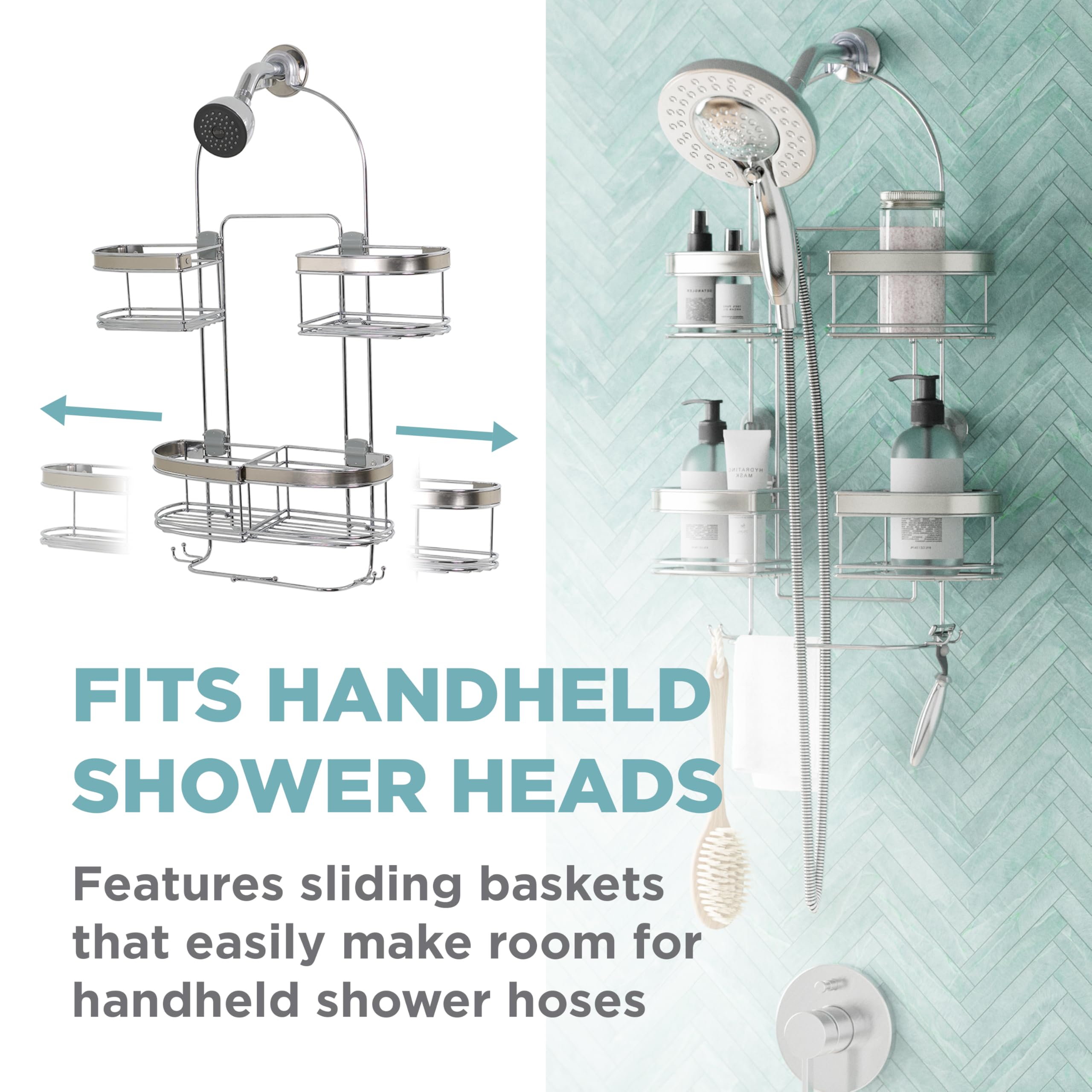 Zenna Home Hanging Shower Caddy, Over The Shower Head Bathroom Storage, Stainless Steel, For Handheld Shower Hoses, Rust Resista