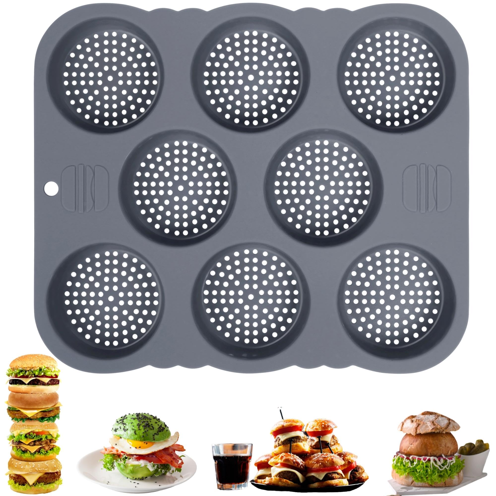 Chicrinum Hamburger Bun Pan, Non-Stick Food Grade Silicone Bread Loaf Pan, 8 Cavity Perforated Hamburger Bun Mold Baking Pan For
