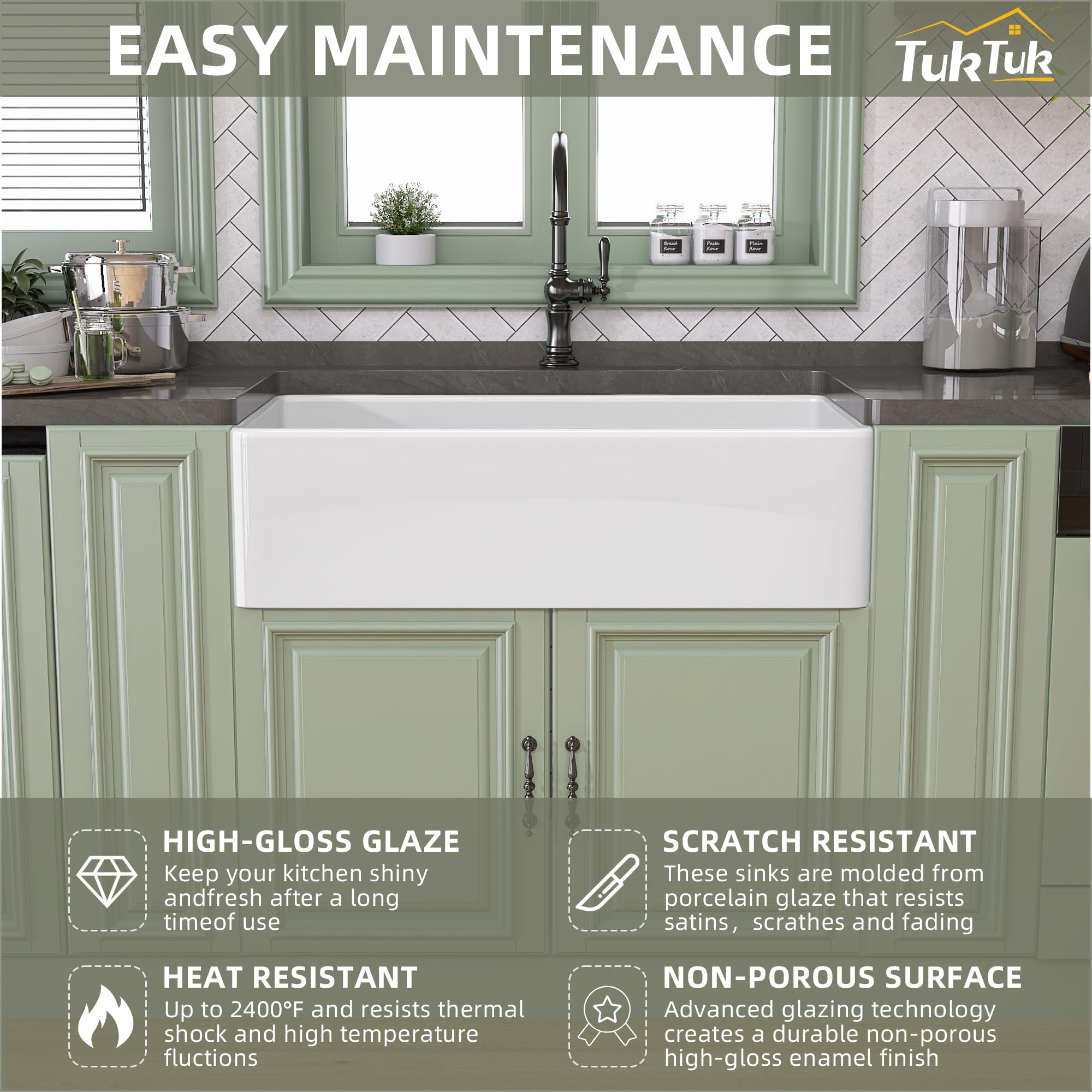 Tuktuk White Farmhouse Sink 30X20 Inch Fireclay Farm Sink Apron Undermount Kitchen Sink Single Bowl Extra Wide Large Capacity Dr