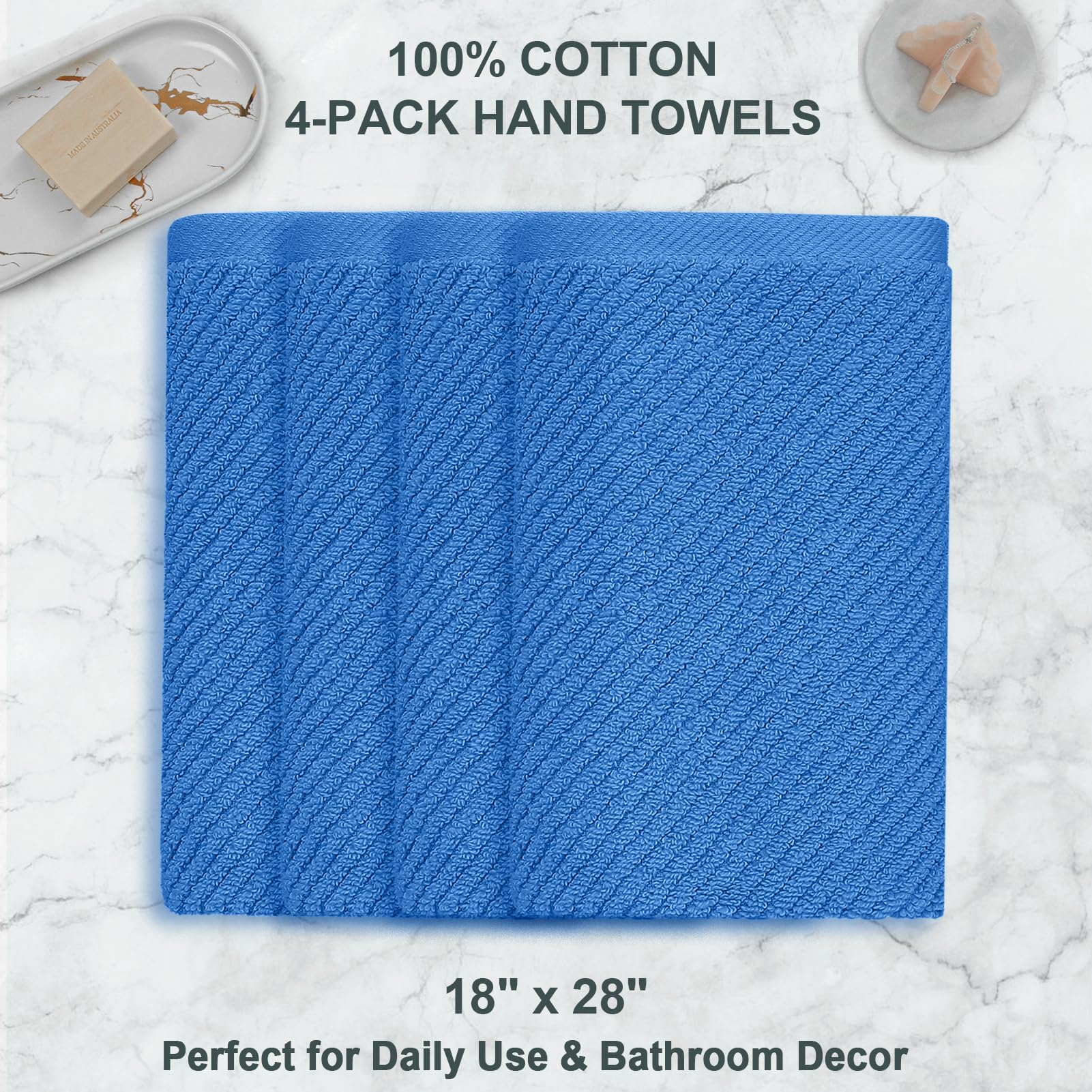Voova & Movas Blue Hand Towels For Bathroom, 4 Pack Large 18'' X 28'' - 100% Cotton | Quick Dry | Thick | Soft | Lightweight, Ba