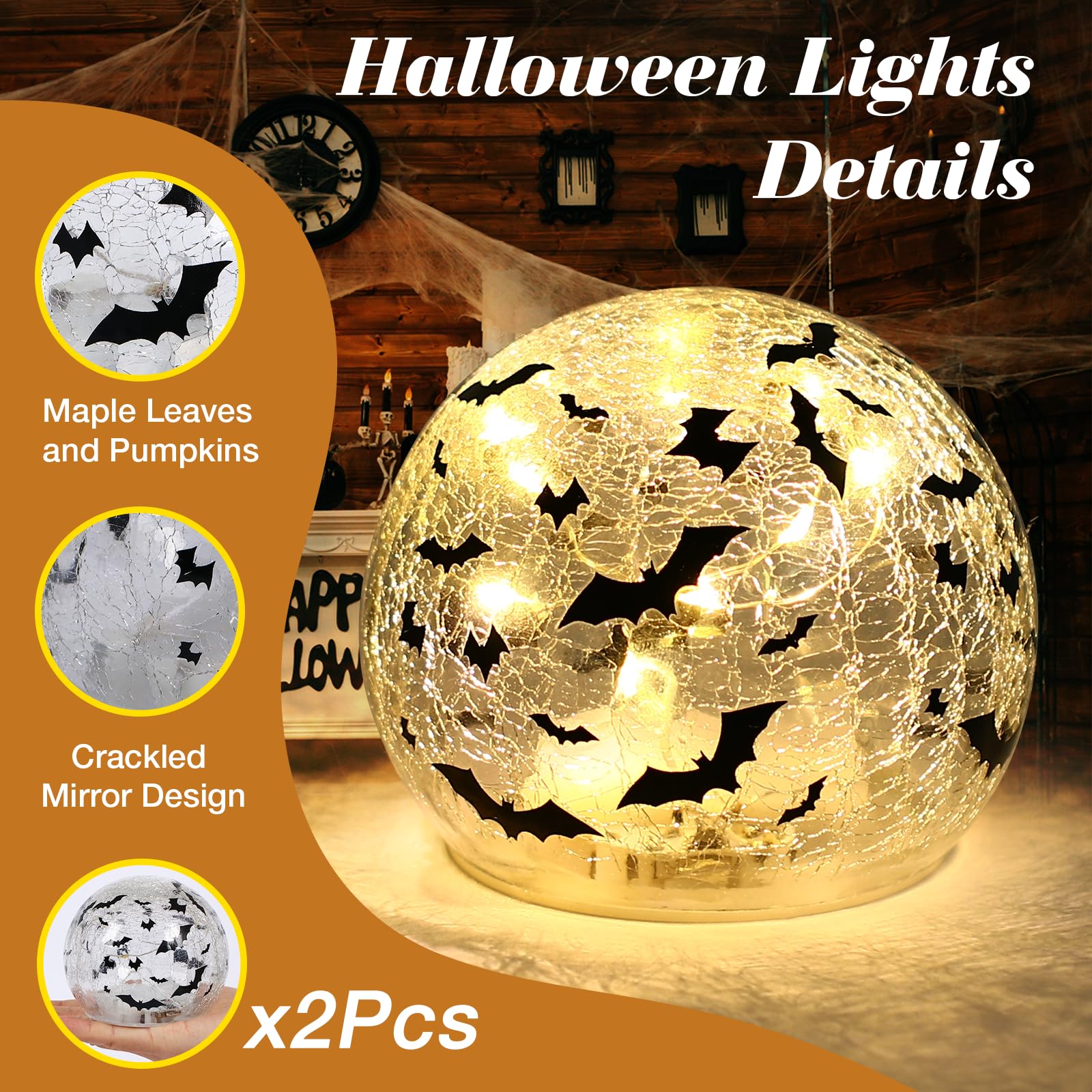2 PCS Halloween Table Decorations,3.93 Glass Ball Tabletop Decor Crackle with Timer,Halloween Decorations Indoor Spheres Decorat
