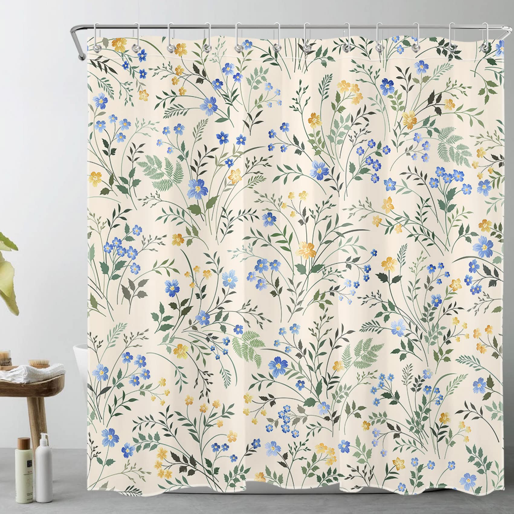 Lb Country Wildflower Shower Curtain Decor,Blue And Yellow Floral Green Leaf Plant On Beige Shower Curtain For Bathroom 72X72 In