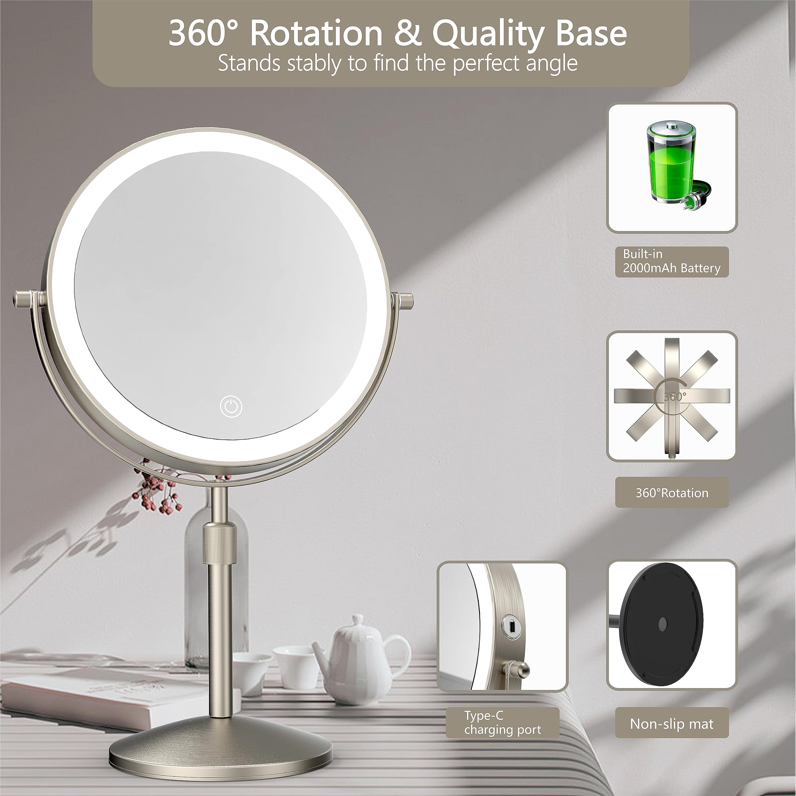 Miroamz 8'' Lighted Makeup Mirror, 1X/10X Magnification Mirror With Light, Double Sided Dimmable Mirror, Rechargeable & Brightne