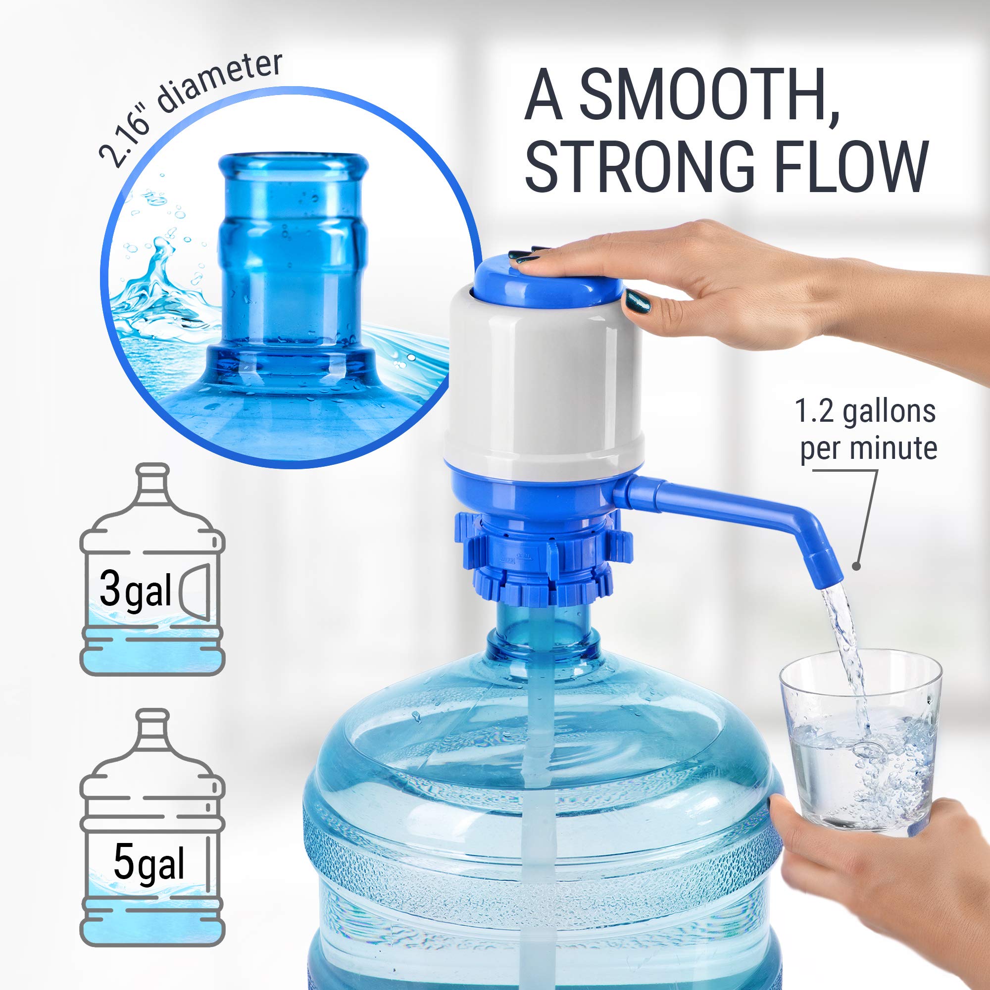 HotFrost Manual Water Pump for 5 Gallon Bottle - Hand Pressure Water Dispenser - Secure Fit on Crown Top Jugs - 3 Tube Lengths  Protective Spout Cap  Cleaning Brush  BPA-Free Food-Grade Materials